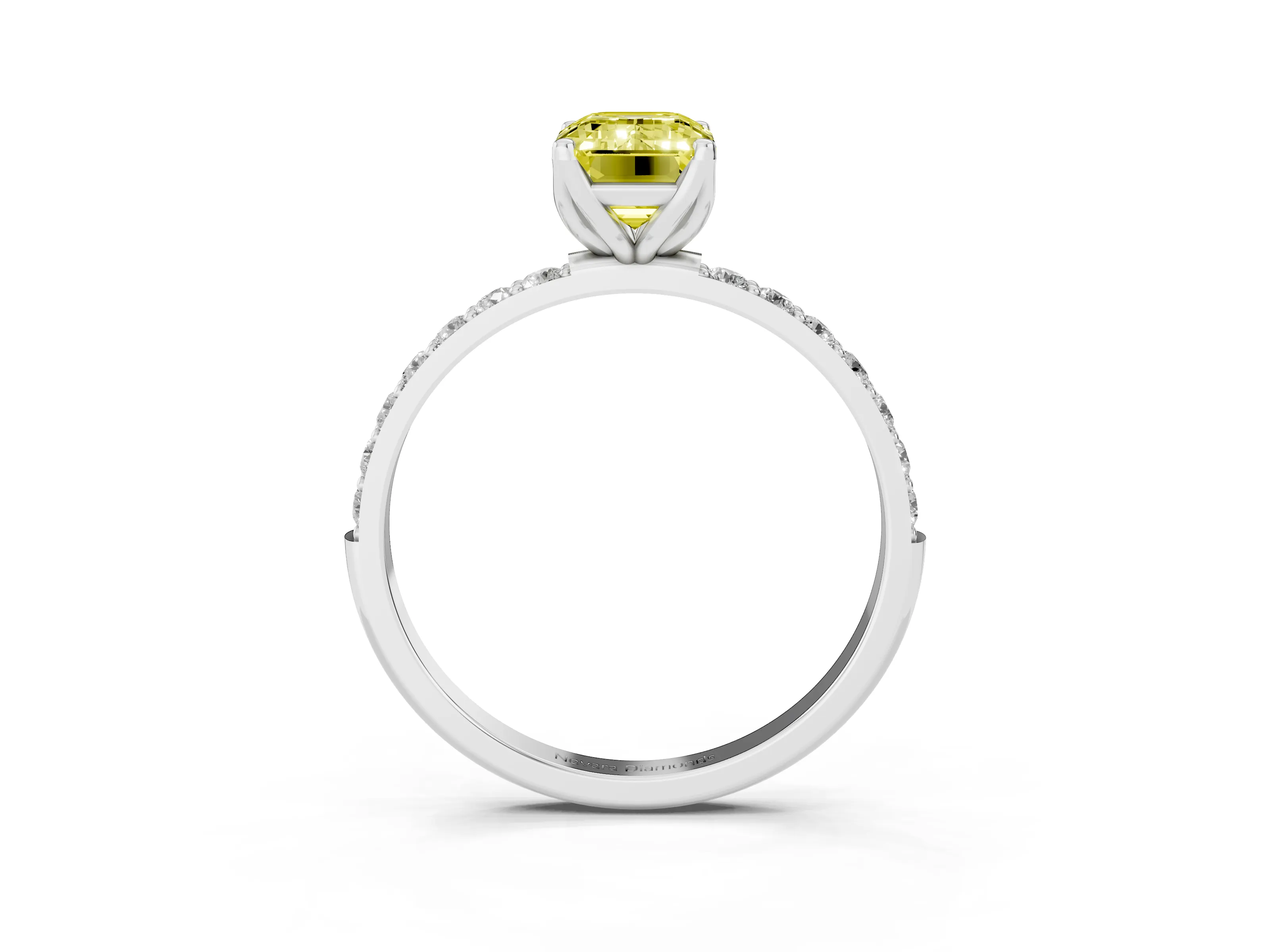 Fancy Yellow Emerald Cut Diamond Solitaire Engagement Ring Set in White gold with Round Pavé Band and Prong Setting