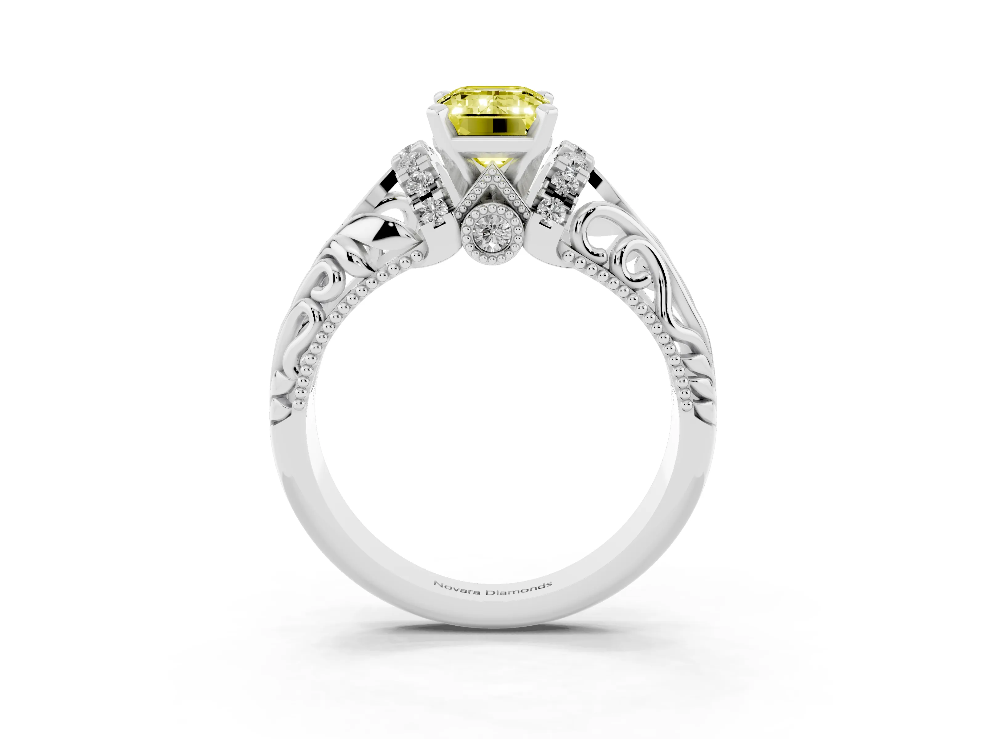 Fancy Yellow Emerald Cut Diamond Filigree Halo Engagement Ring Set in White gold with Prong Setting