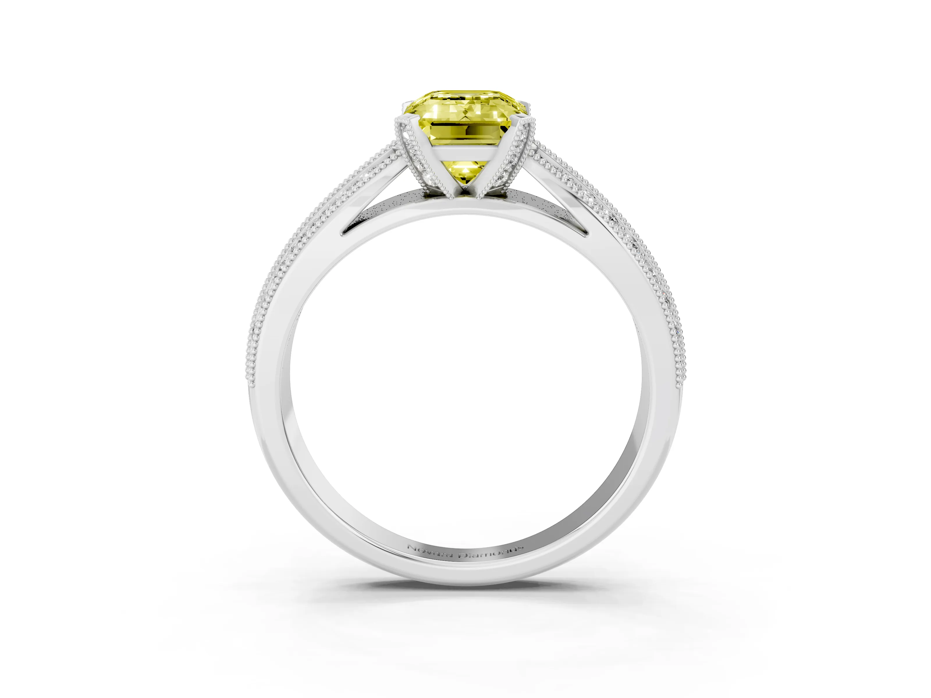 Fancy Yellow Emerald Cut Diamond Solitaire Ring Set in Platinum with Milgrain Double Row Round Pavé Band