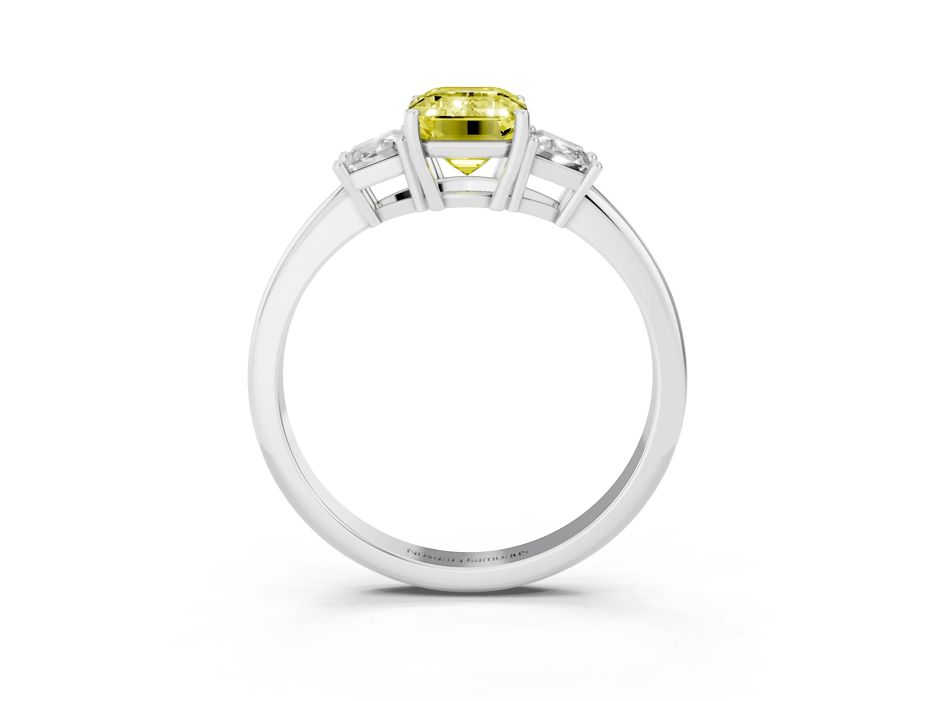 Fancy Yellow Emerald Cut Diamond Three-Stone Ring Set in Silver with Trapezoid Side Stones and Prong Setting