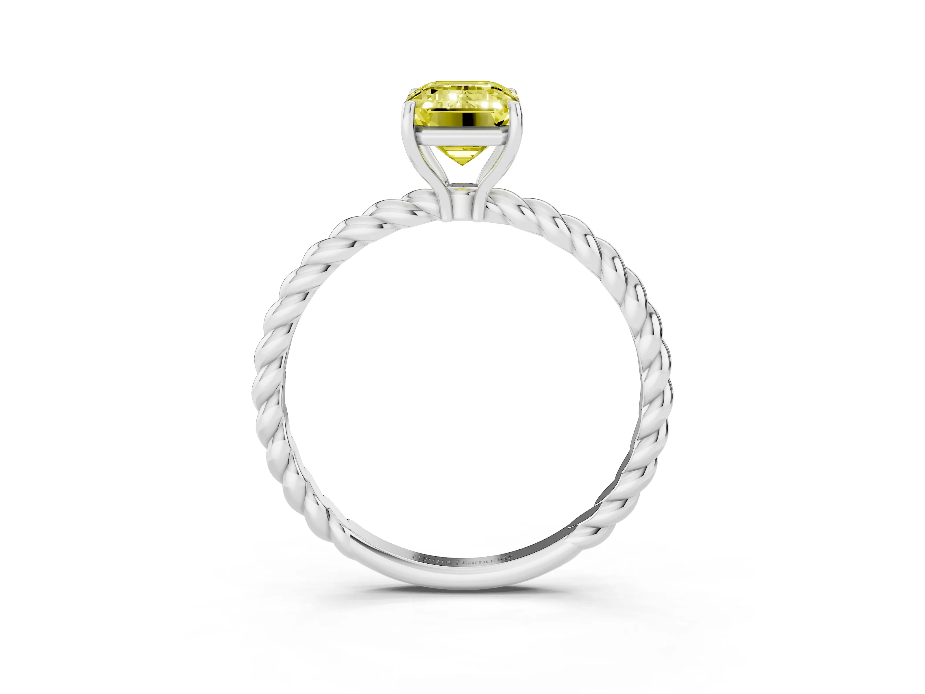 Fancy Yellow Emerald Cut Diamond Solitaire Ring Set in White gold with Twist Band and Prong Setting