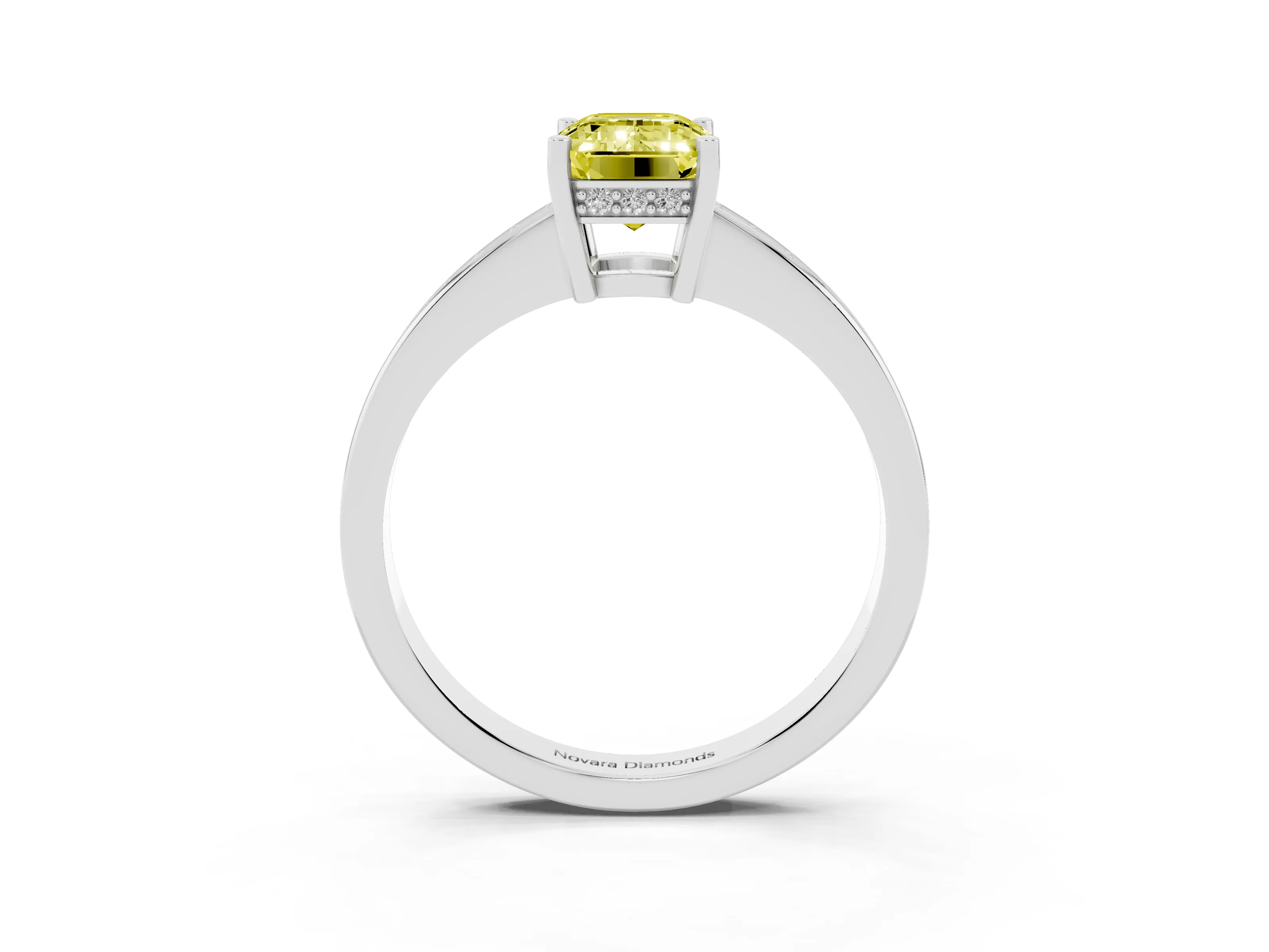 Fancy Yellow Emerald Cut Diamond Pavé Band Prong Set Solitaire Ring Set in White gold