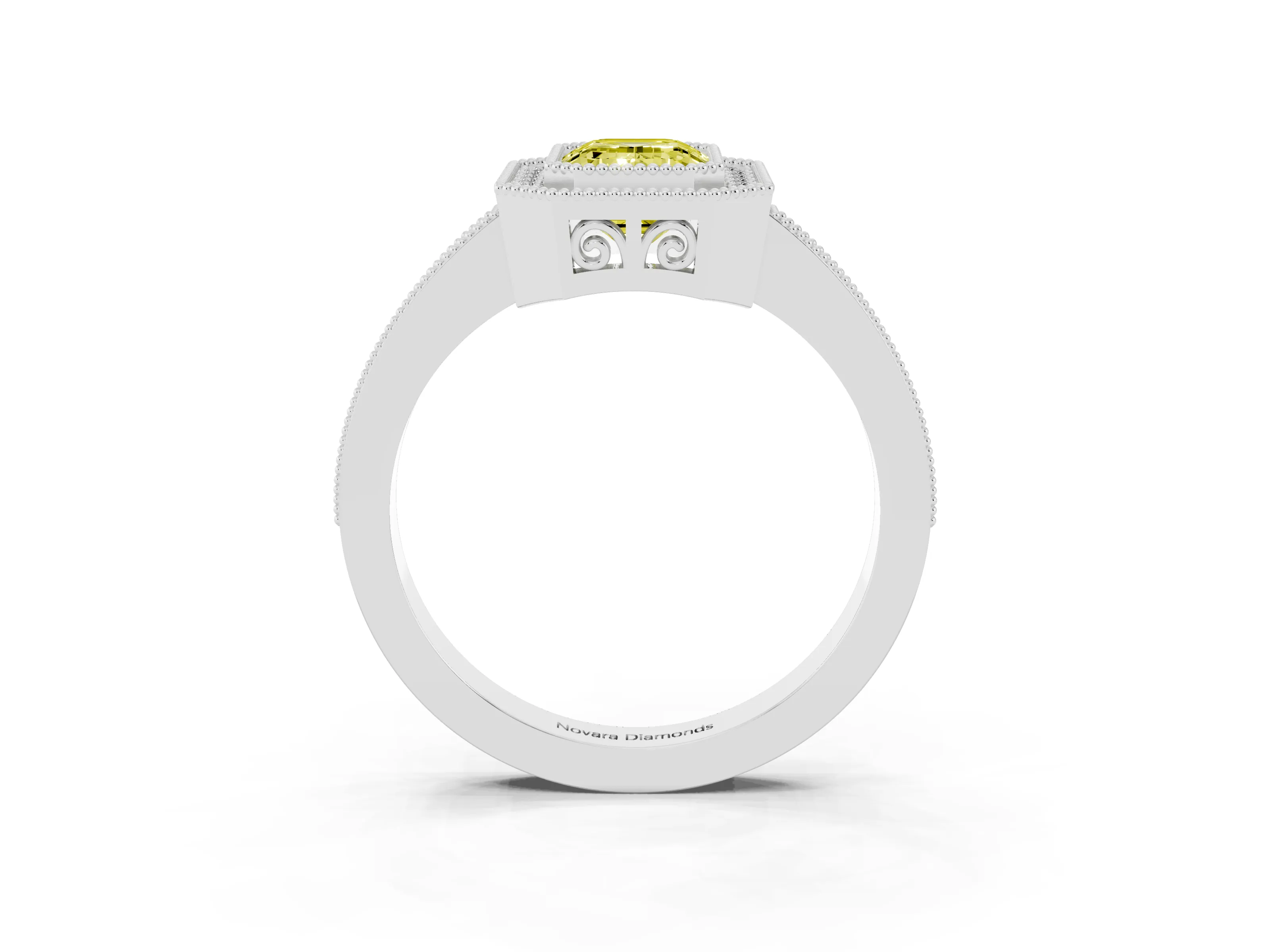 Fancy Yellow Emerald Cut Diamond Round Halo Ring Set in White gold with Pavé Band