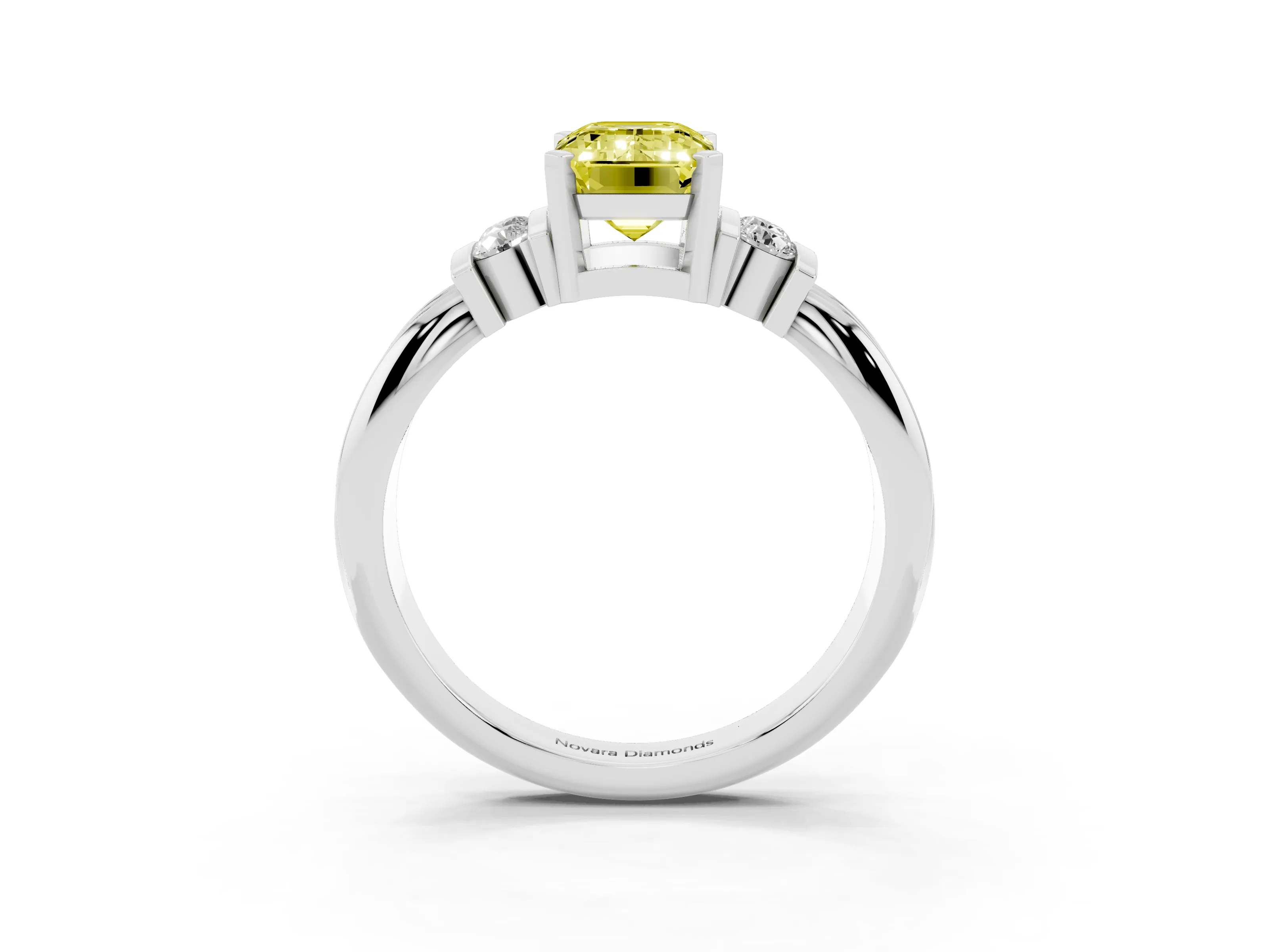Fancy Yellow Three-Stone Emerald Cut Diamond Channel Set Ring Set in Silver with Bar Prongs