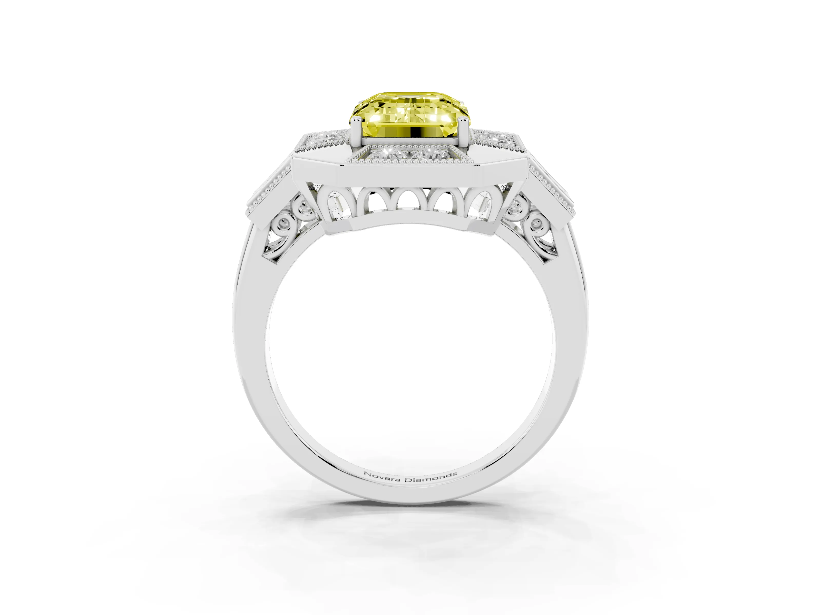 Fancy Yellow Emerald Cut Diamond Milgrain Halo Ring Set in Silver with Split Shank