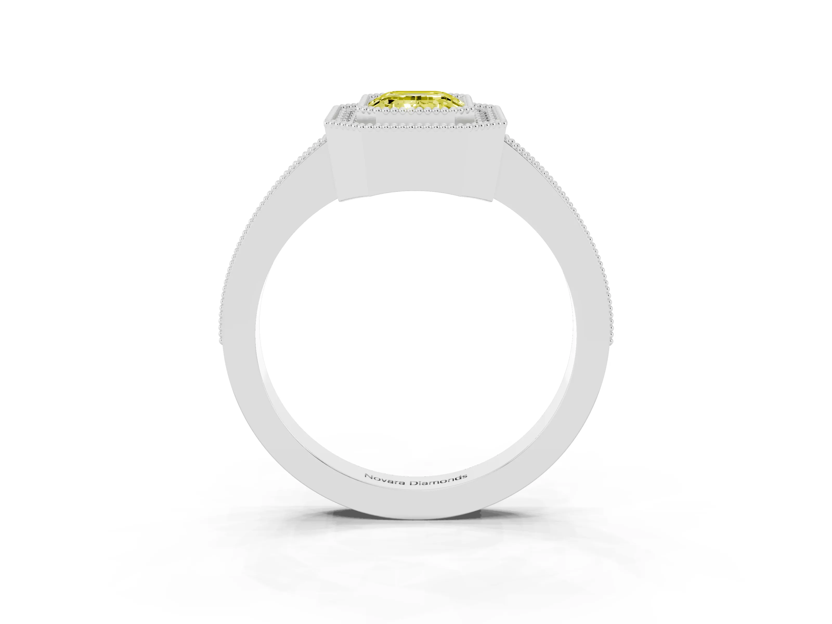 Fancy Yellow Emerald Cut Diamond Halo Engagement Ring Set in White gold with Pavé Band and Round Halo Stones