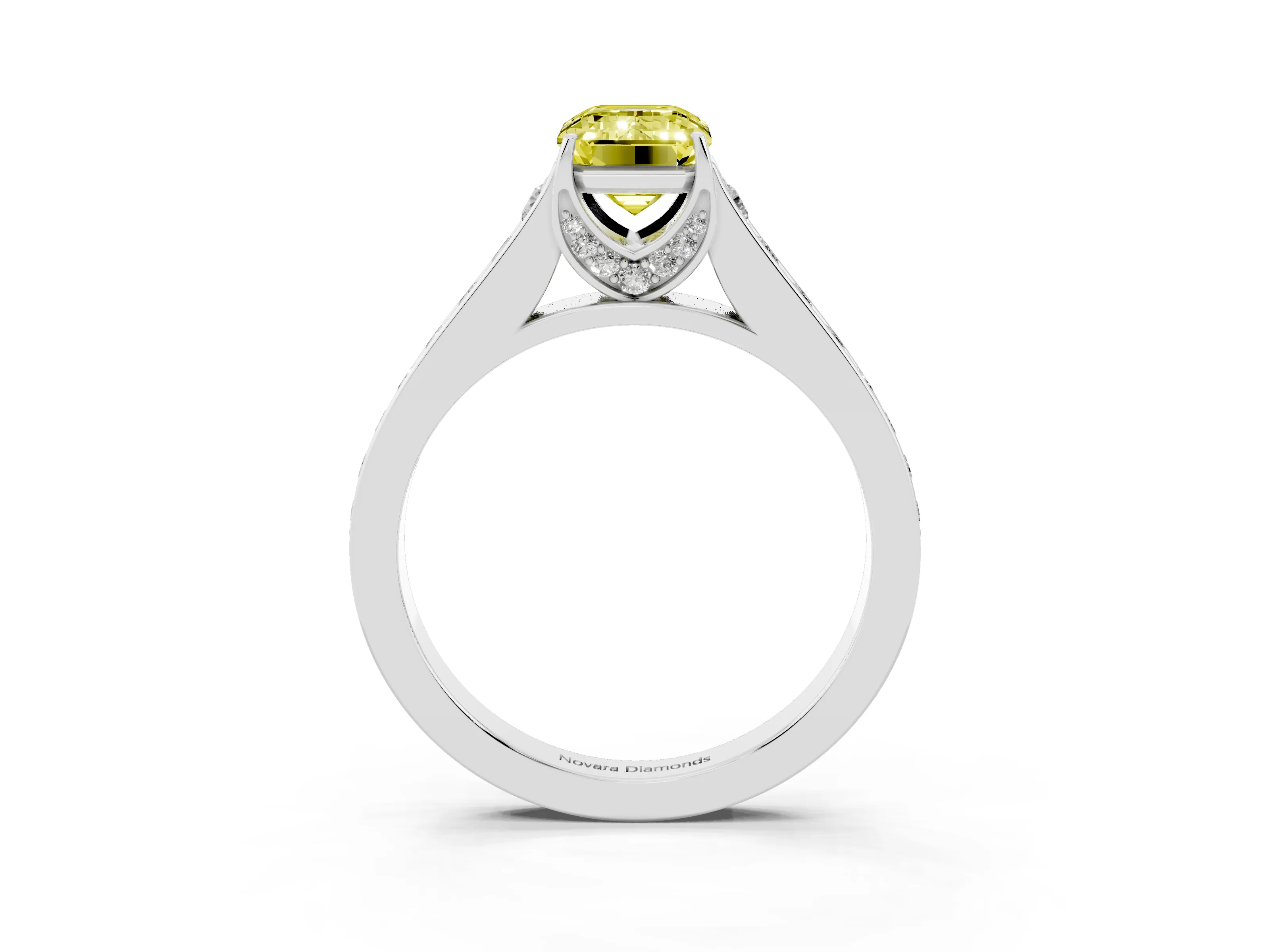 Fancy Yellow Emerald Cut Diamond Solitaire Pavé Engagement Ring Set in Silver with Prong Setting