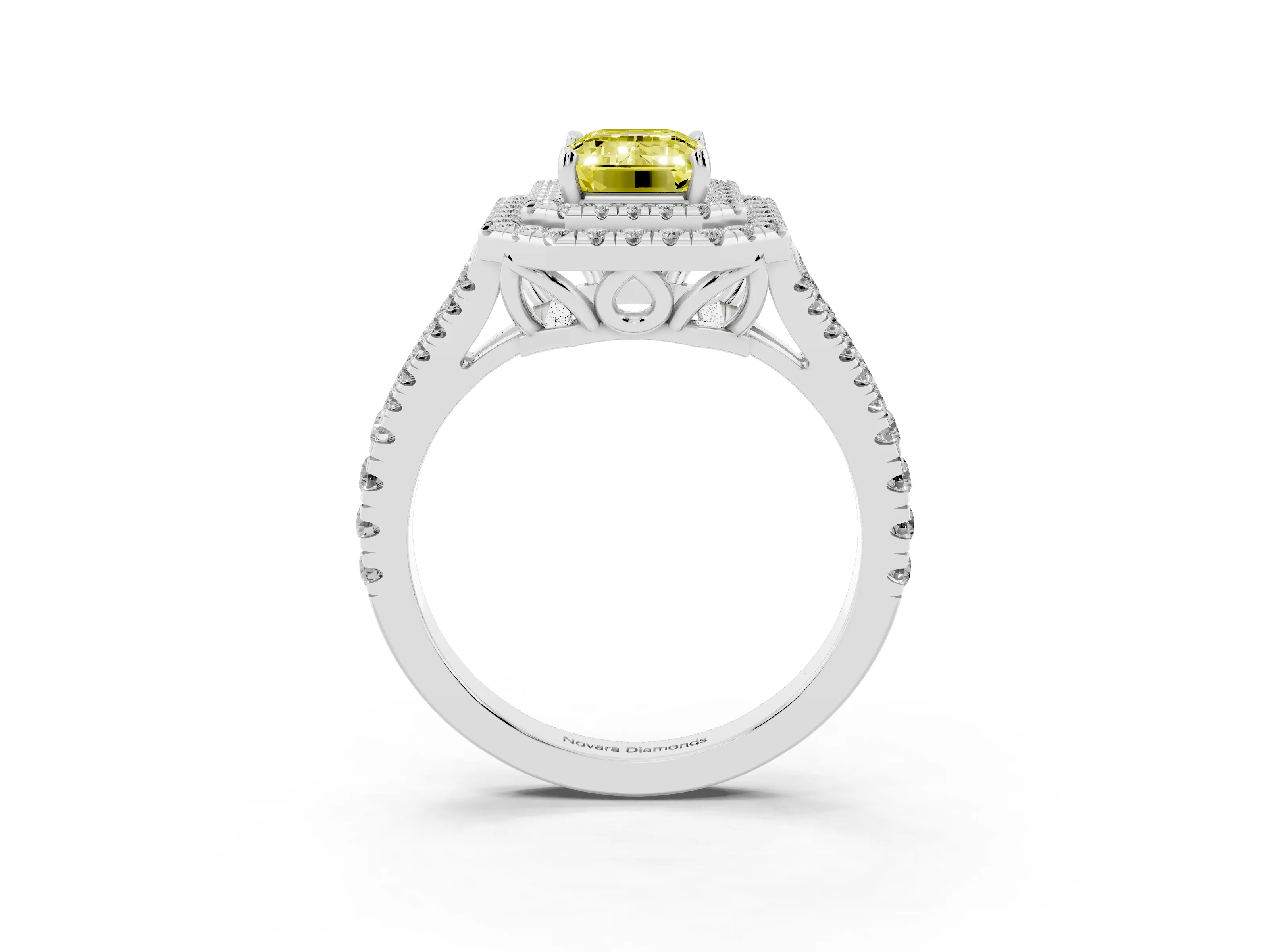 Fancy Yellow Emerald Cut Diamond Double Halo Ring Set in Silver with Pavé Band