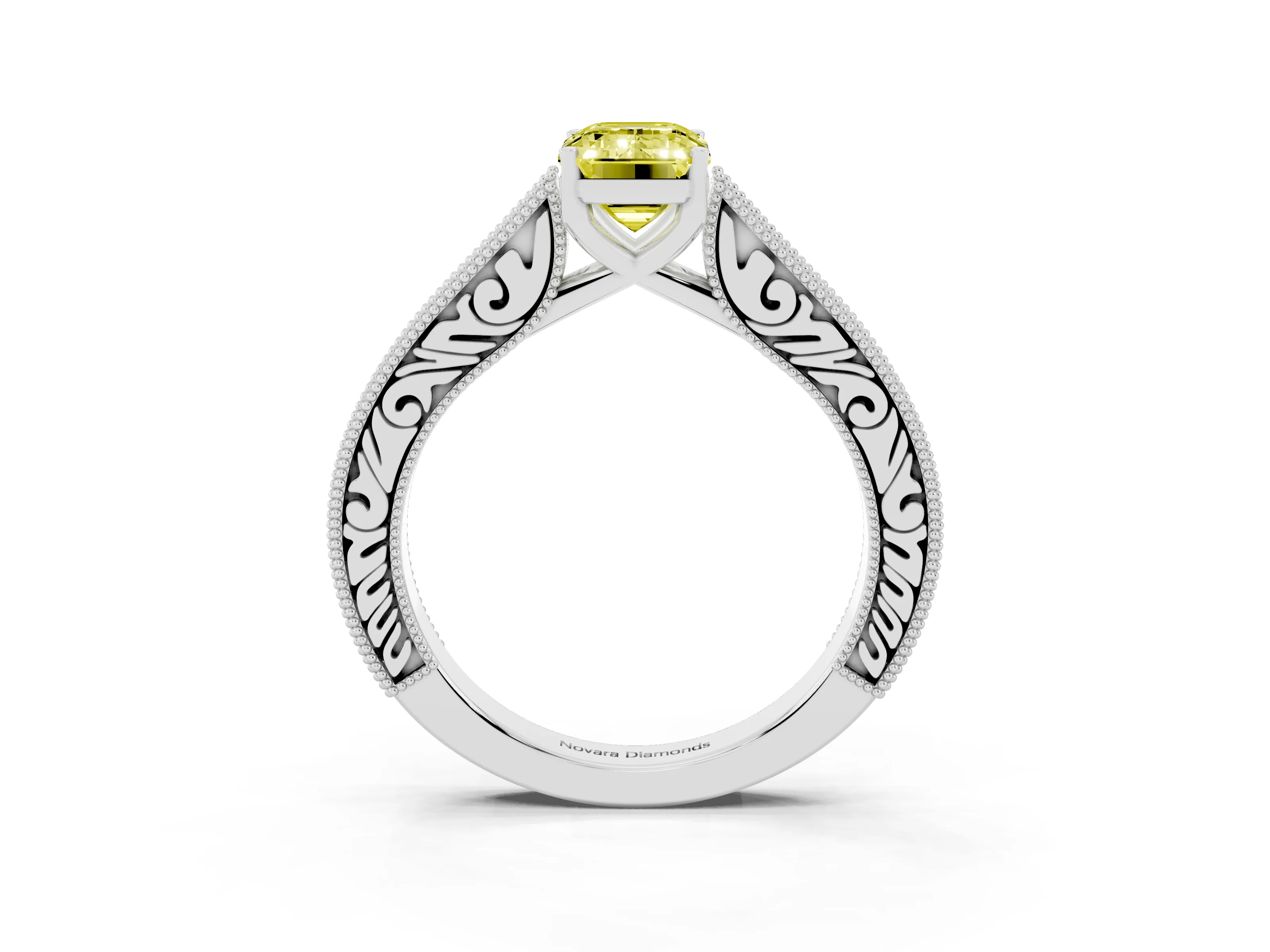 Fancy Yellow Emerald Cut Diamond Milgrain Pavé Band Solitaire Ring Set in Silver with Prong Setting