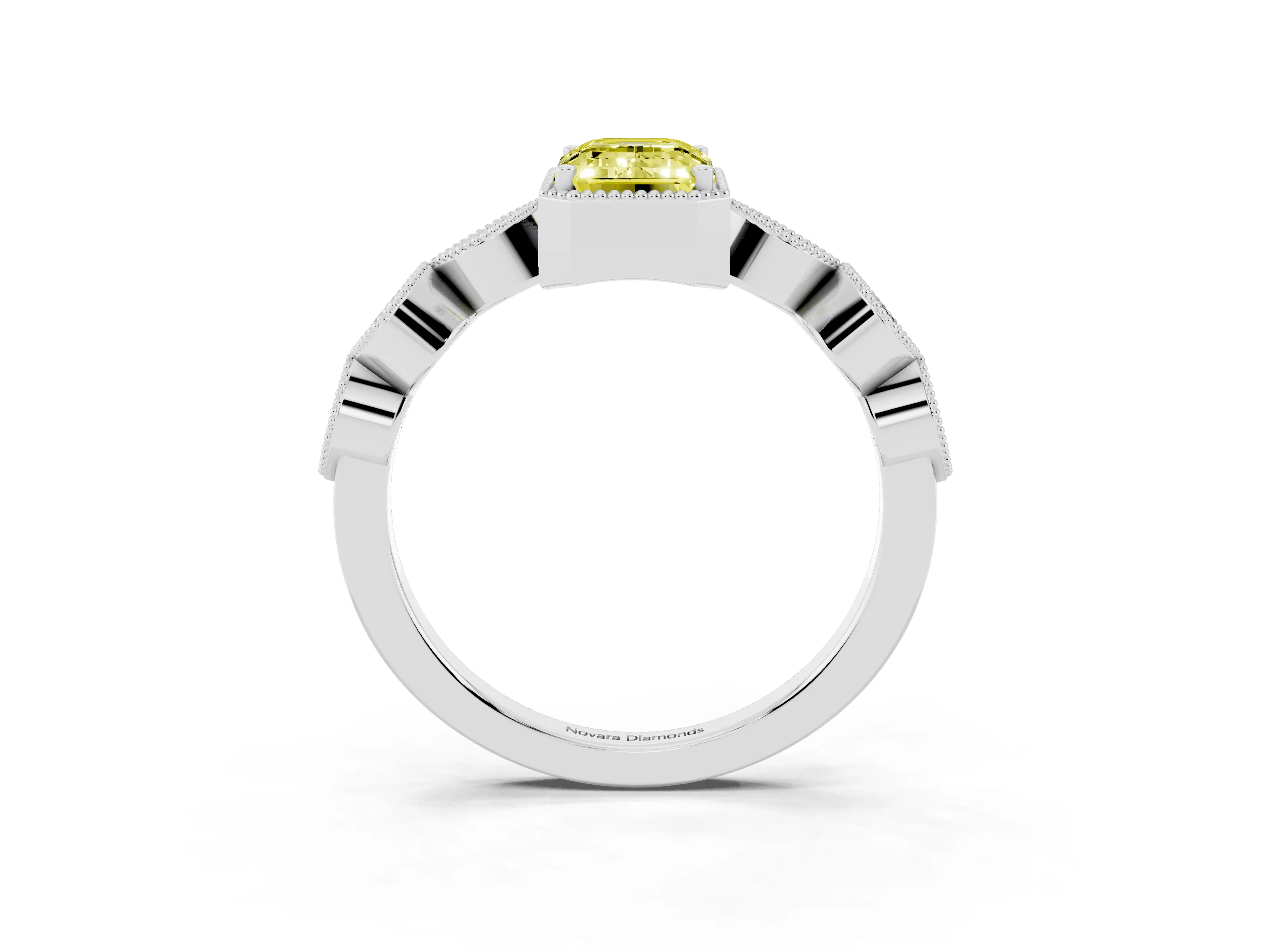 Fancy Yellow Emerald Cut Diamond Vintage-Inspired Milgrain Ring Set in Platinum with Marquise Stations of Round Accents