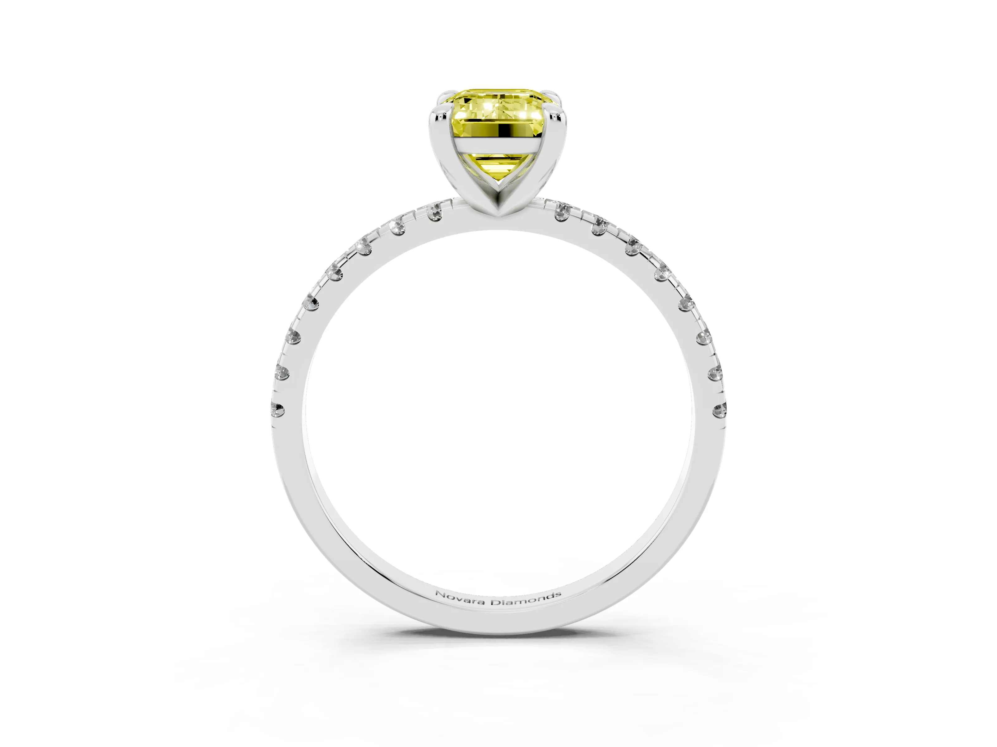 Fancy Yellow Emerald Cut Diamond Brilliant Solitaire Ring Set in White gold with Pavé Band and Prong Setting