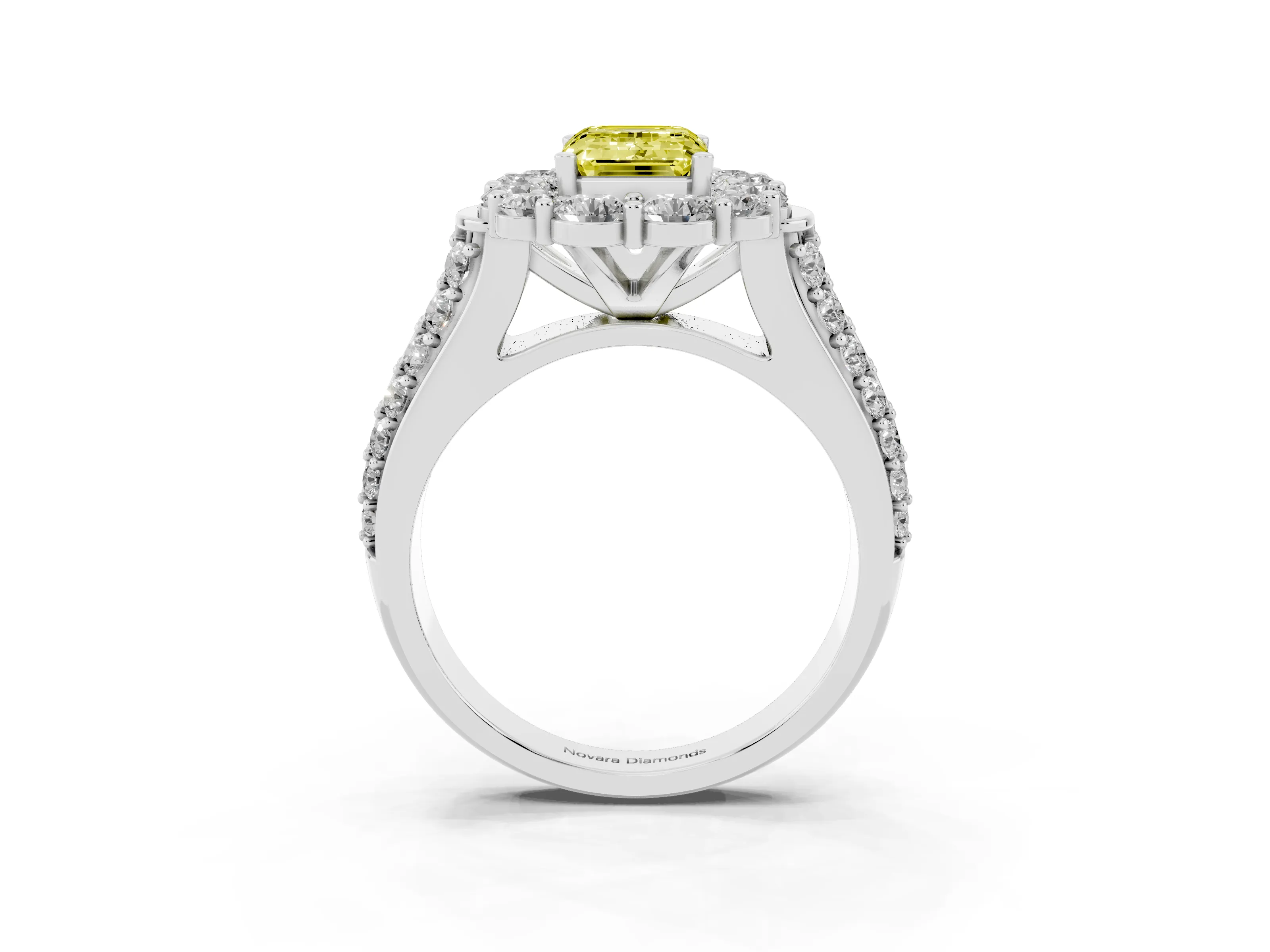 Fancy Yellow Emerald Cut Diamond Halo Engagement Ring Set in Silver with Split Shank and Prong Setting
