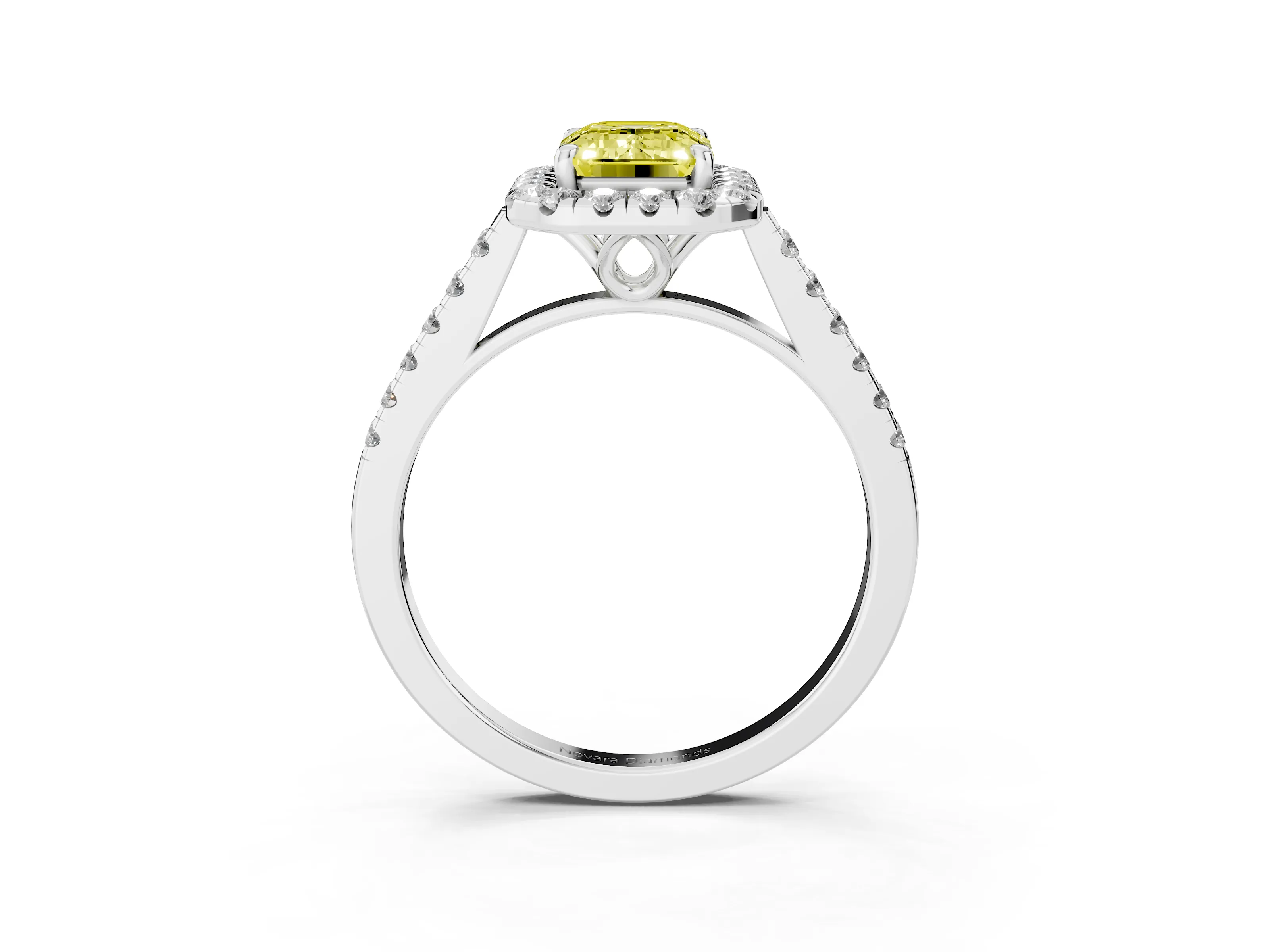 Fancy Yellow Emerald Cut Diamond Pavé Halo Engagement Ring Set in White gold with Pavé Band and Prong Setting