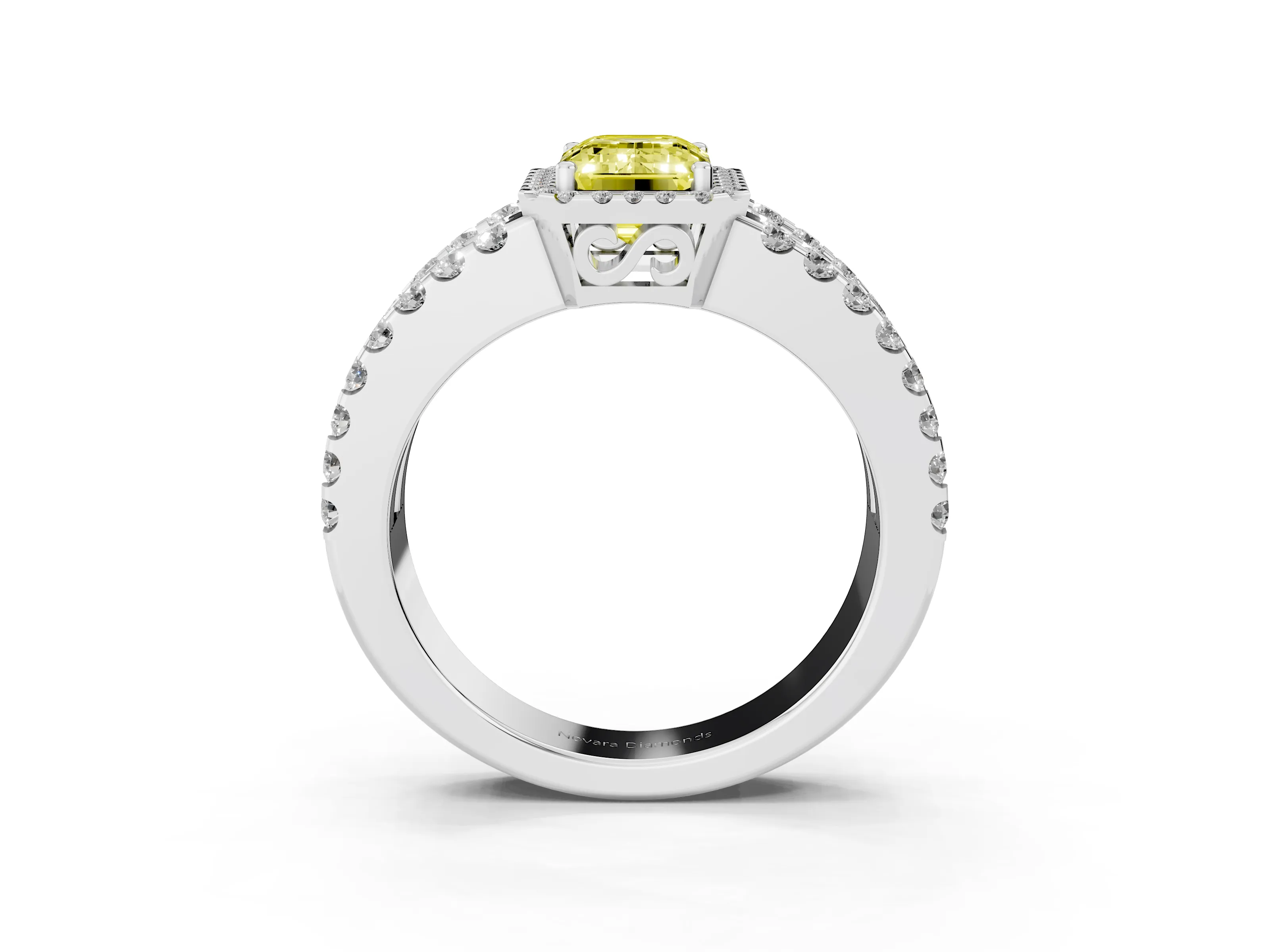 Fancy Yellow Emerald Cut Diamond Halo Ring Set in Platinum with Pavé Split Shank and Prong Setting