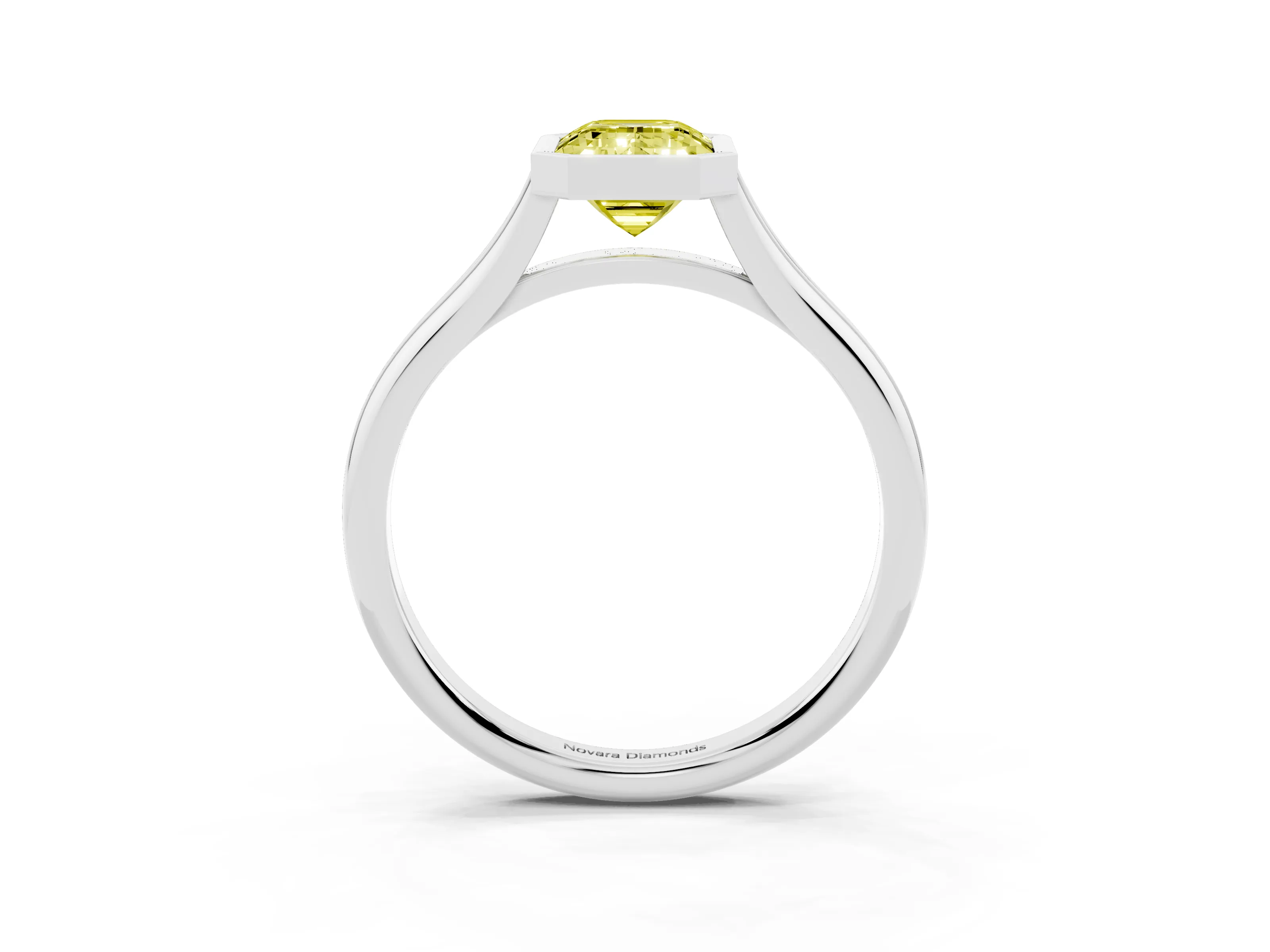 Fancy Yellow Bezel Set Emerald Cut Diamond Solitaire Ring Set in Platinum with Tapered Band
