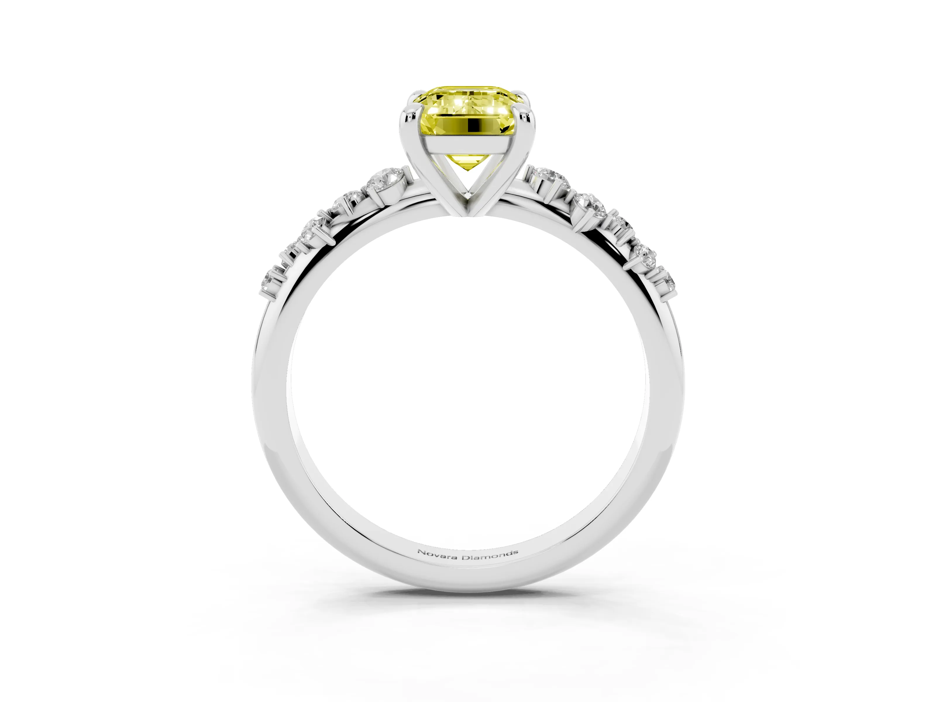 Fancy Yellow Emerald Cut Diamond Solitaire Vine Band Ring Set in White gold with Round Accents and Prong Setting