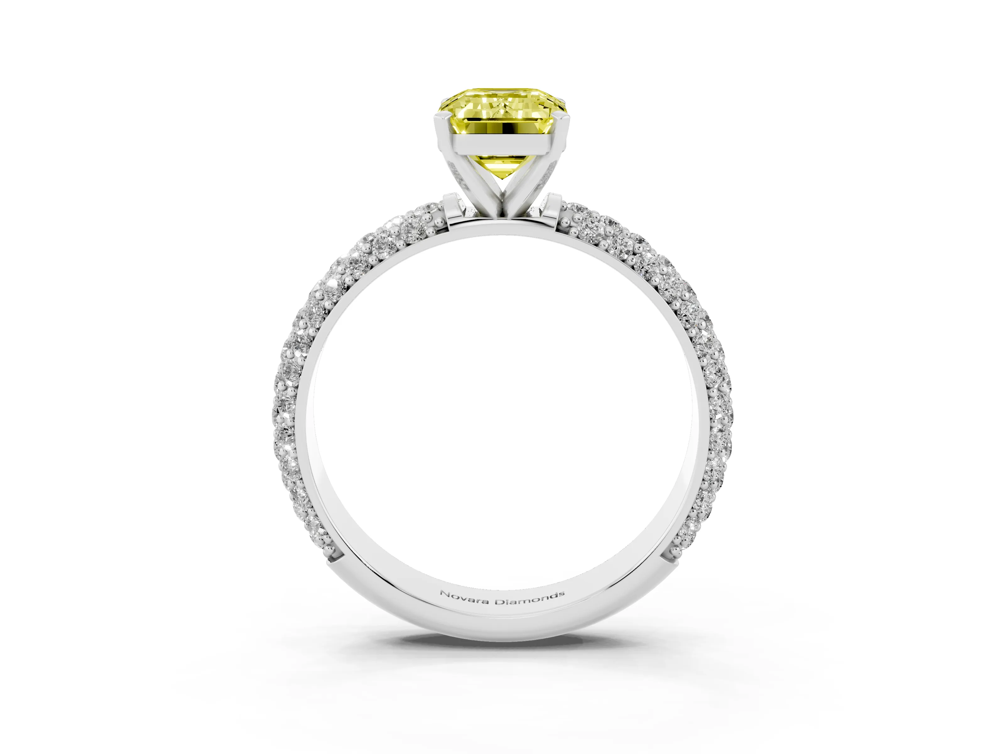 Fancy Yellow Emerald Cut Diamond Solitaire Ring Set in Platinum with Prong Setting and Pavé-Set Band