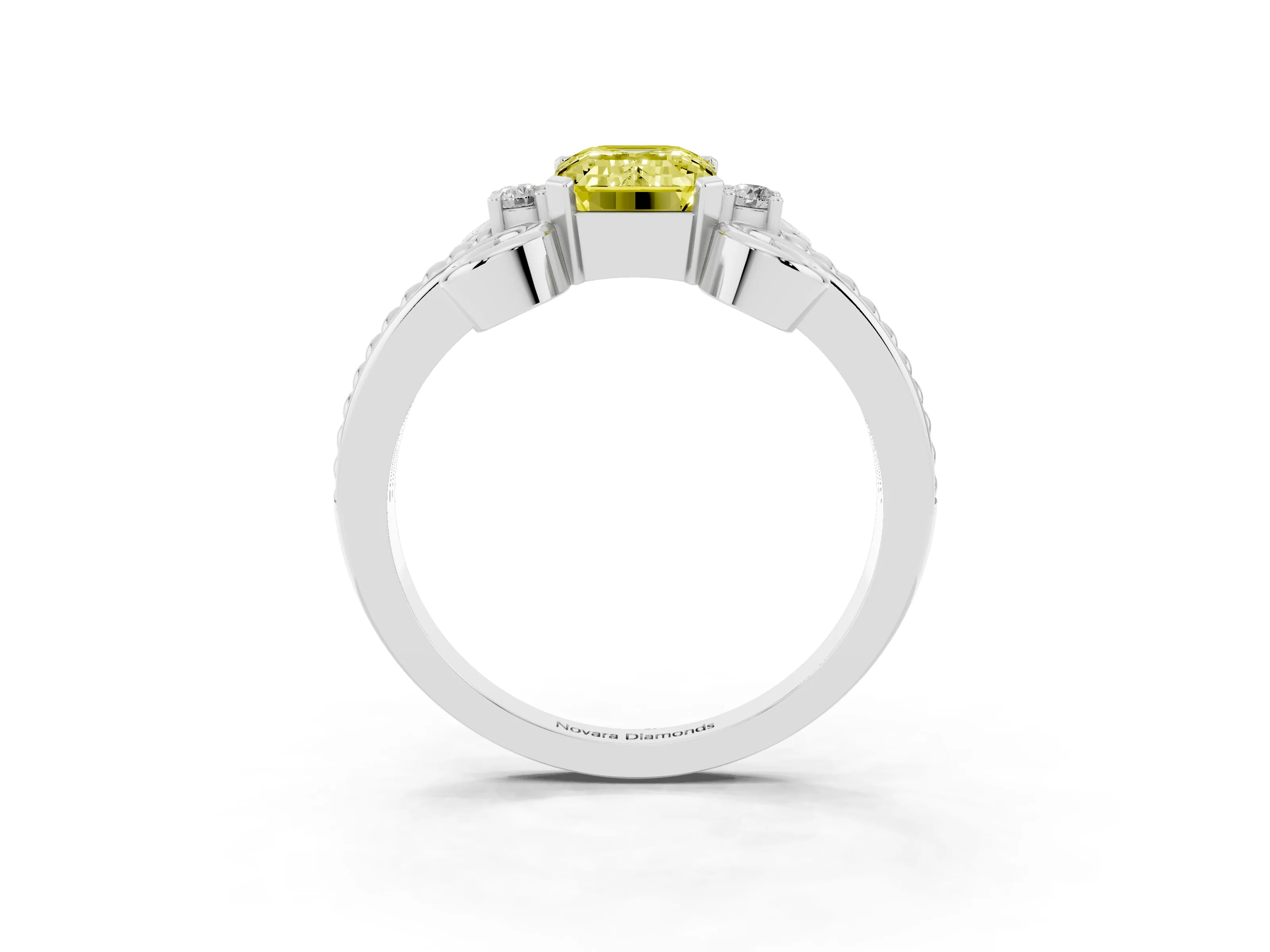 Fancy Yellow Emerald Cut Diamond Twisted Band Solitaire Ring Set in Platinum with Scroll Prongs
