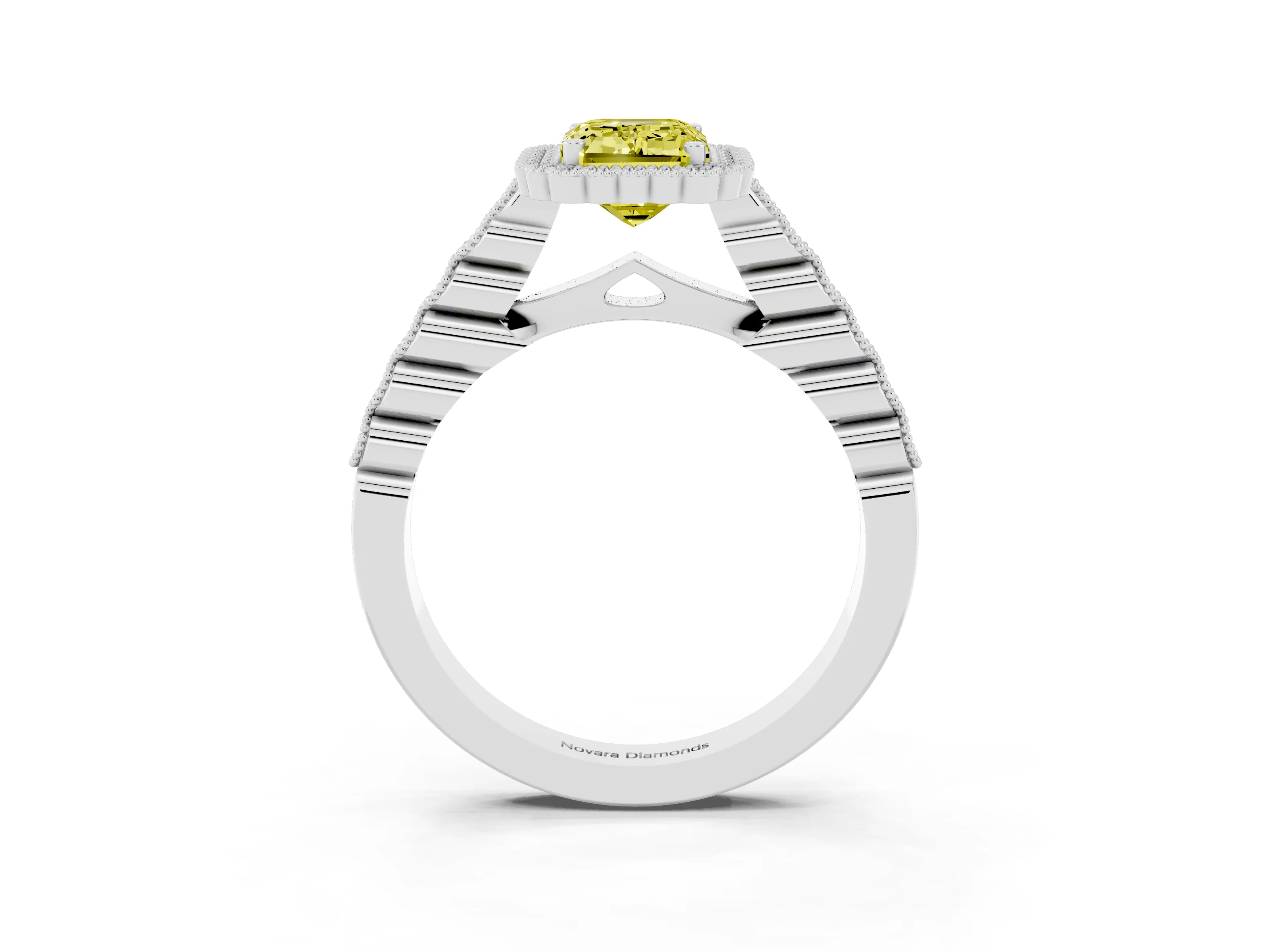 Fancy Yellow Emerald Cut Diamond Halo Ring Set in White gold with Pavé Milgrain Band