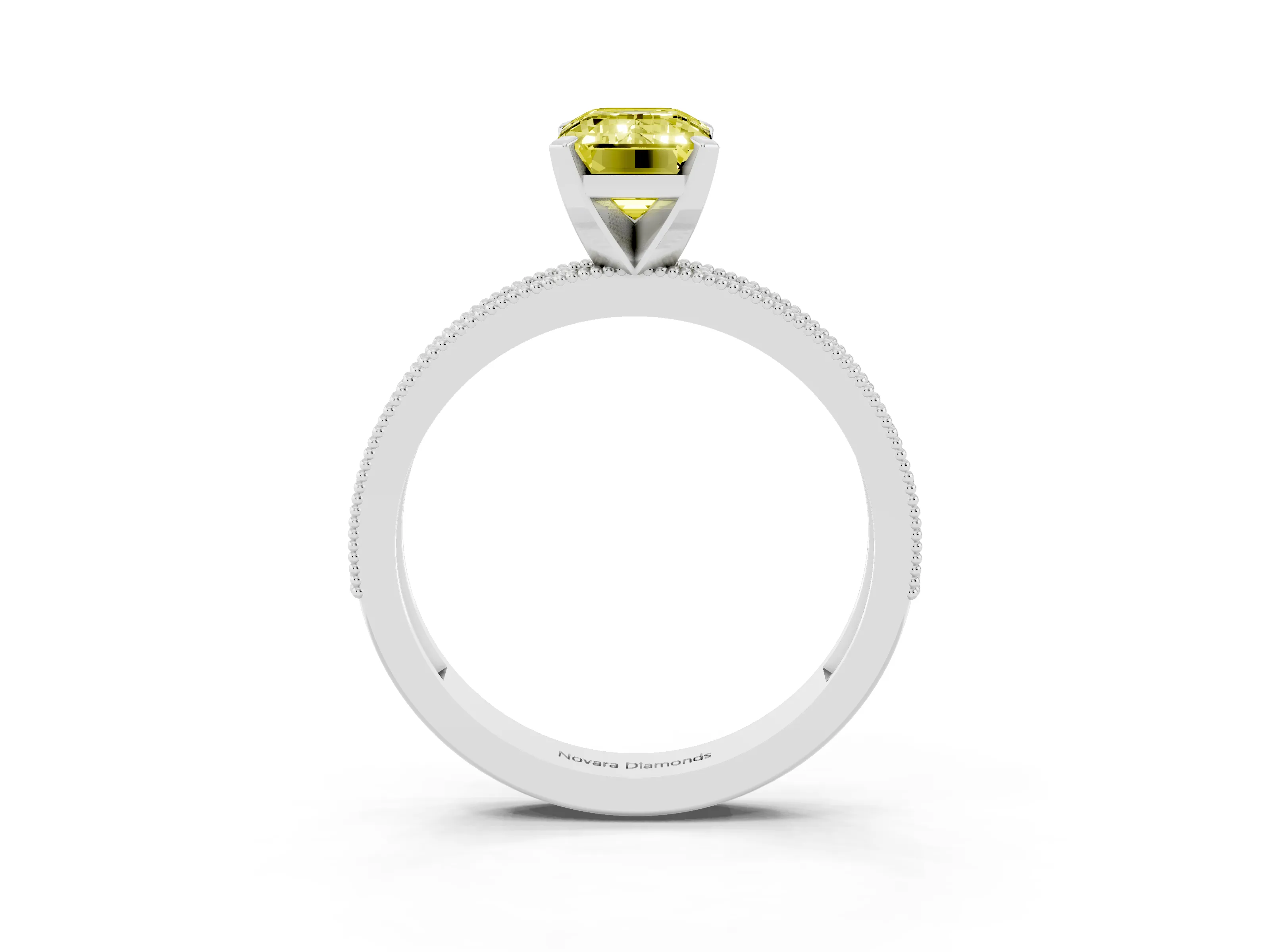 Fancy Yellow Emerald Cut Diamond Milgrain Pavé Engagement Ring Set in Silver with Prong Setting