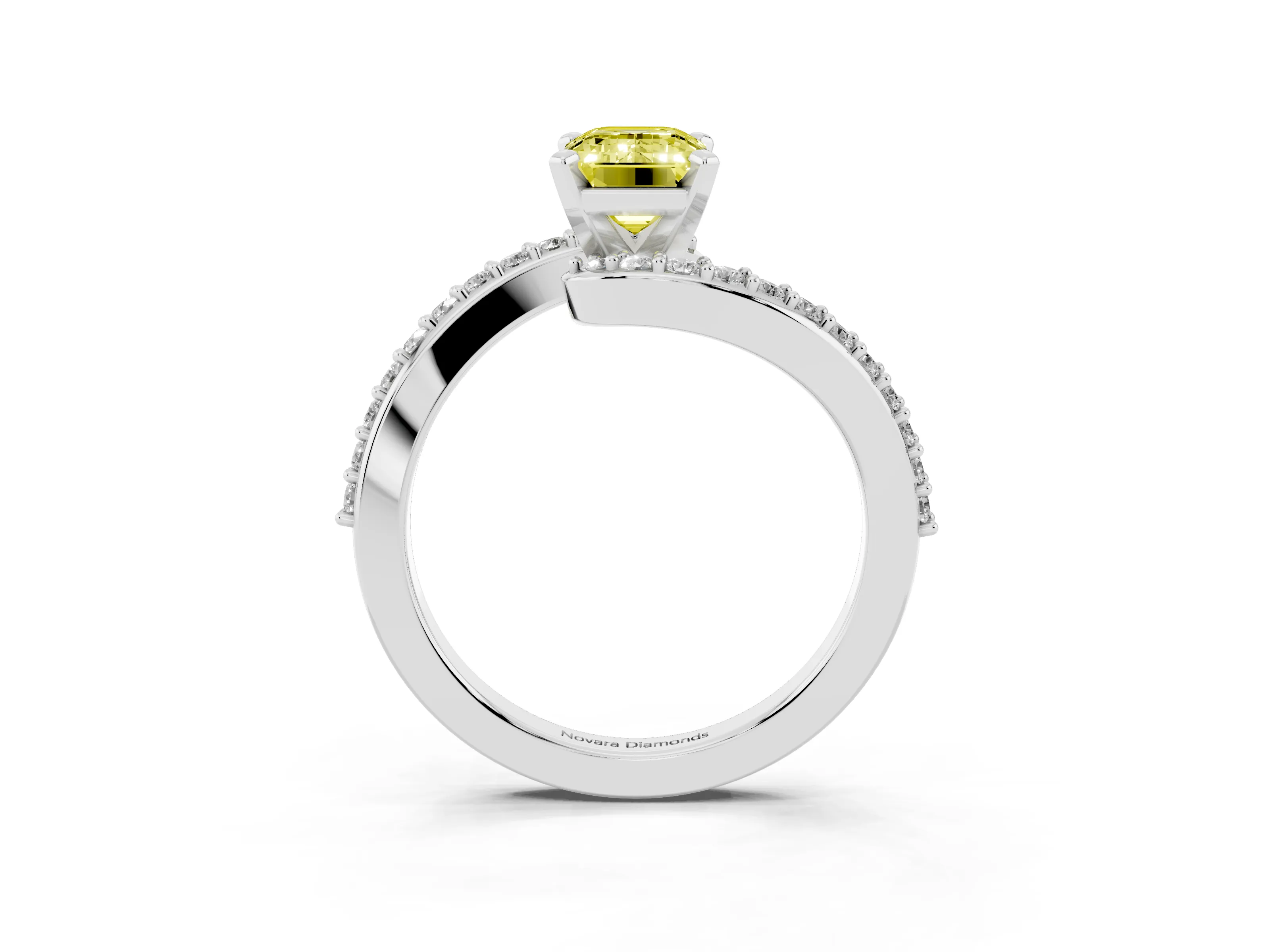 Fancy Yellow Emerald Cut Diamond Solitaire Ring Set in Platinum with Pavé Twist Band and Prong Setting