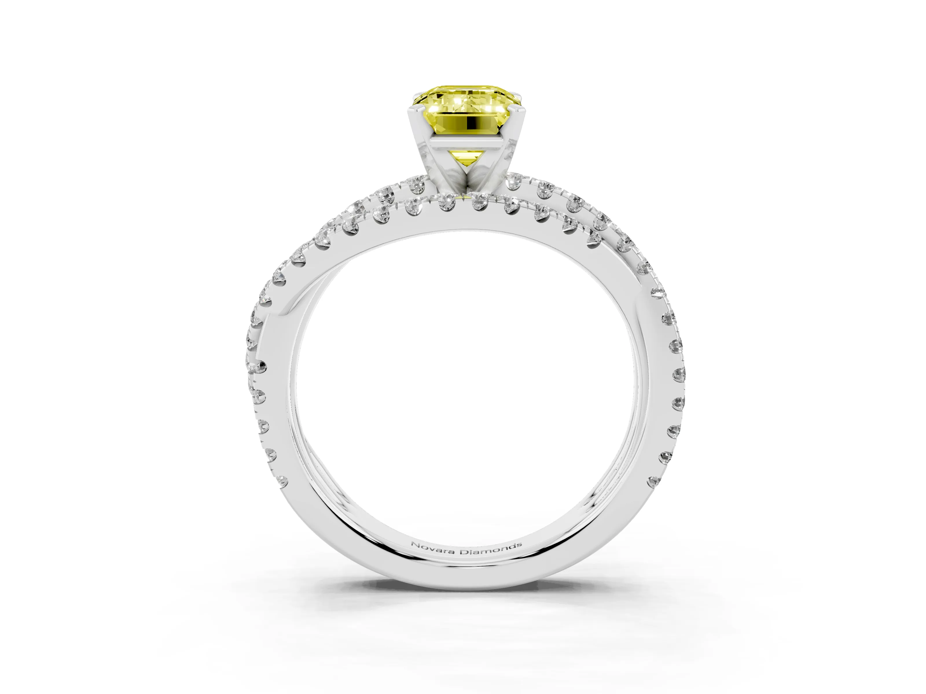 Fancy Yellow Emerald Cut Diamond Solitaire Twist Band Ring Set in Silver with Pavé Setting and Prong Head