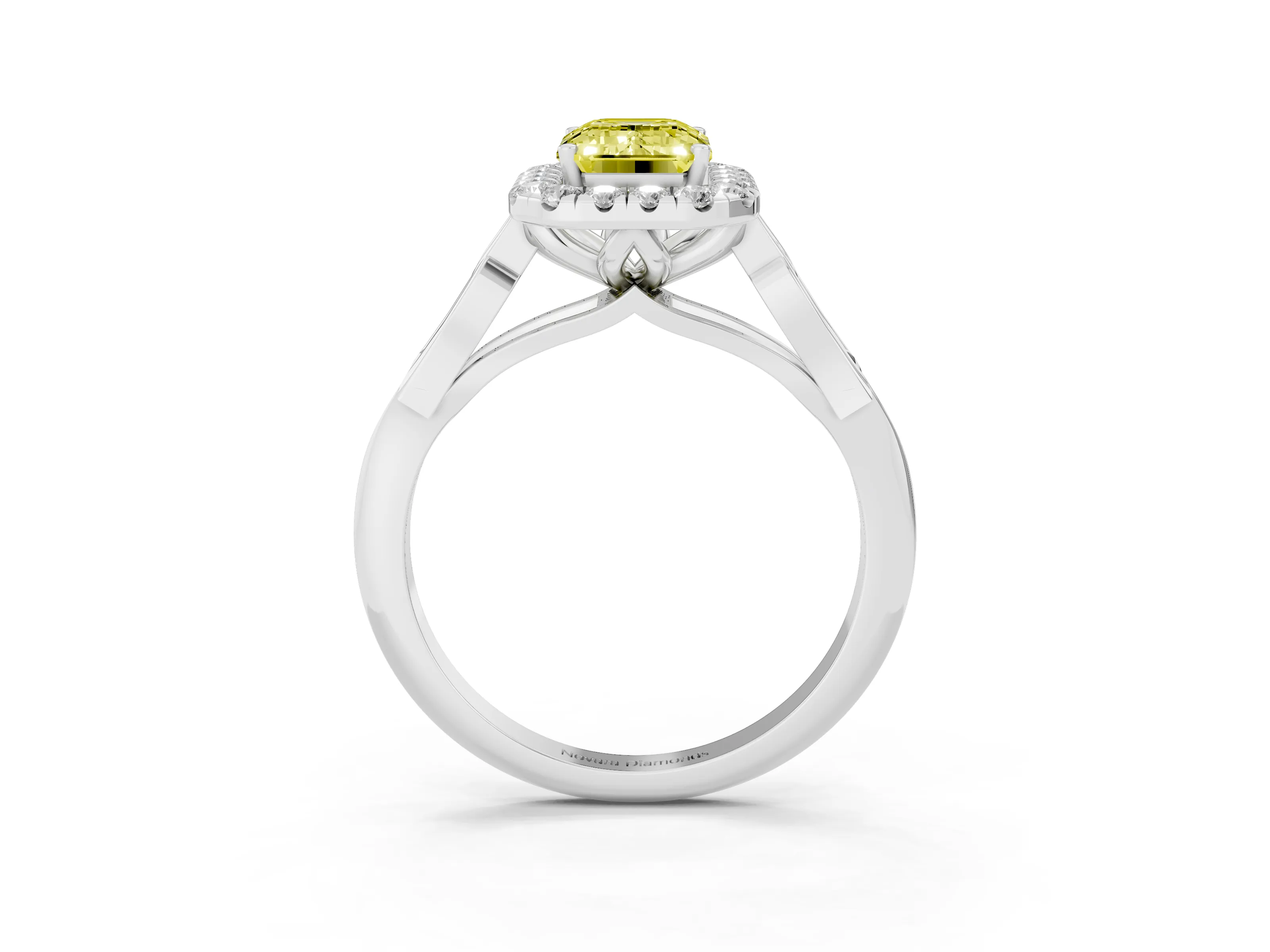 Fancy Yellow Emerald Cut Diamond Halo Engagement Ring Set in Platinum with Filigree Band and Prong-Set Center