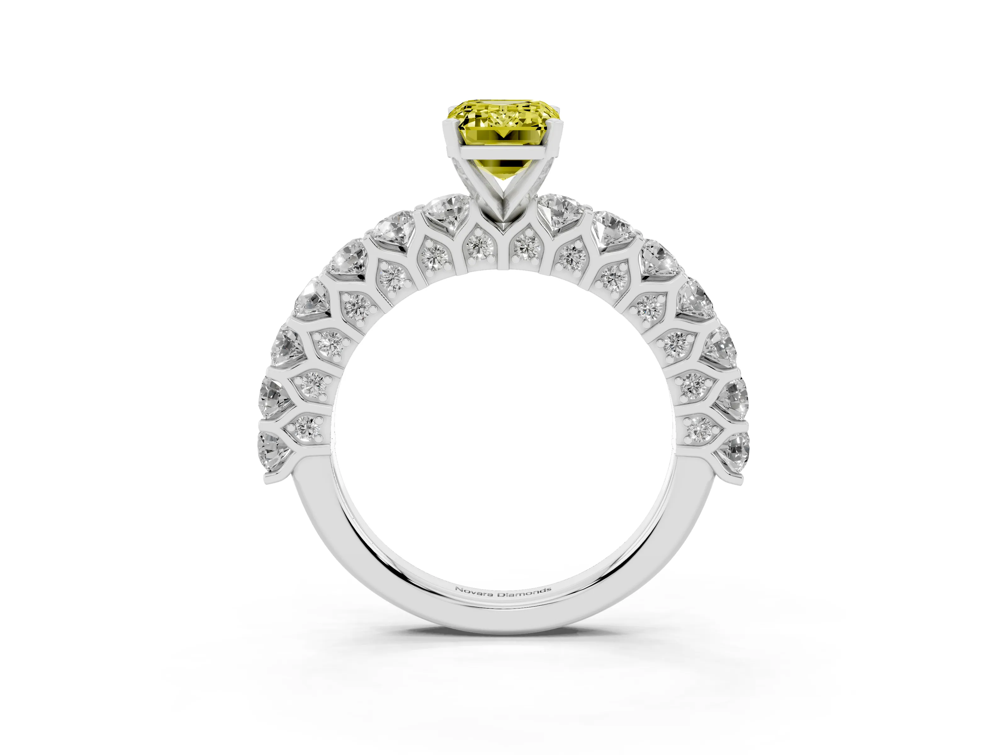Fancy Yellow Emerald Cut Diamond Solitaire Ring Set in Silver with Shared Prong Pavé Band