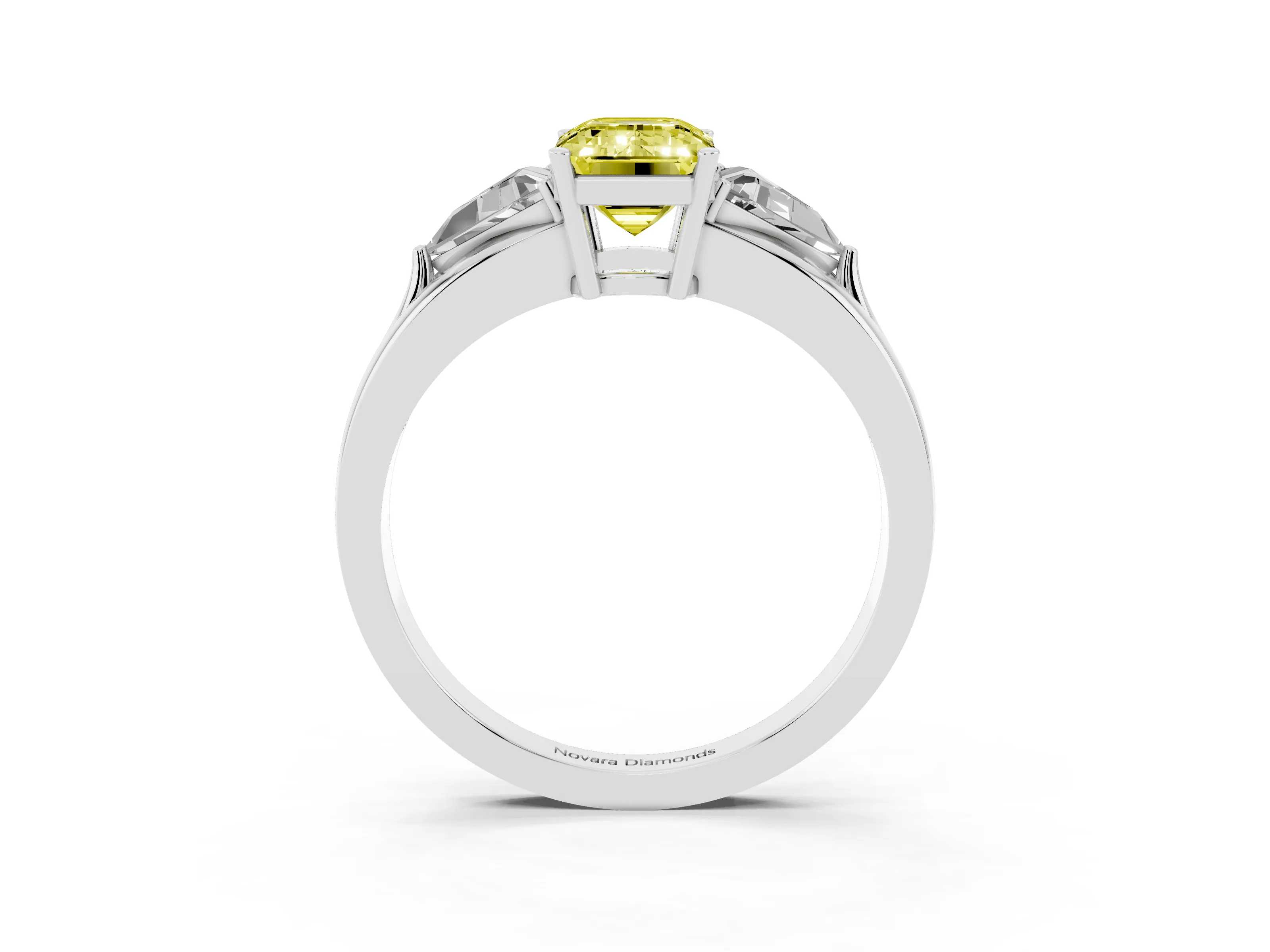 Fancy Yellow Emerald Cut Diamond Three-Stone Ring Set in Silver with Trillion Side Stones and Split Shank