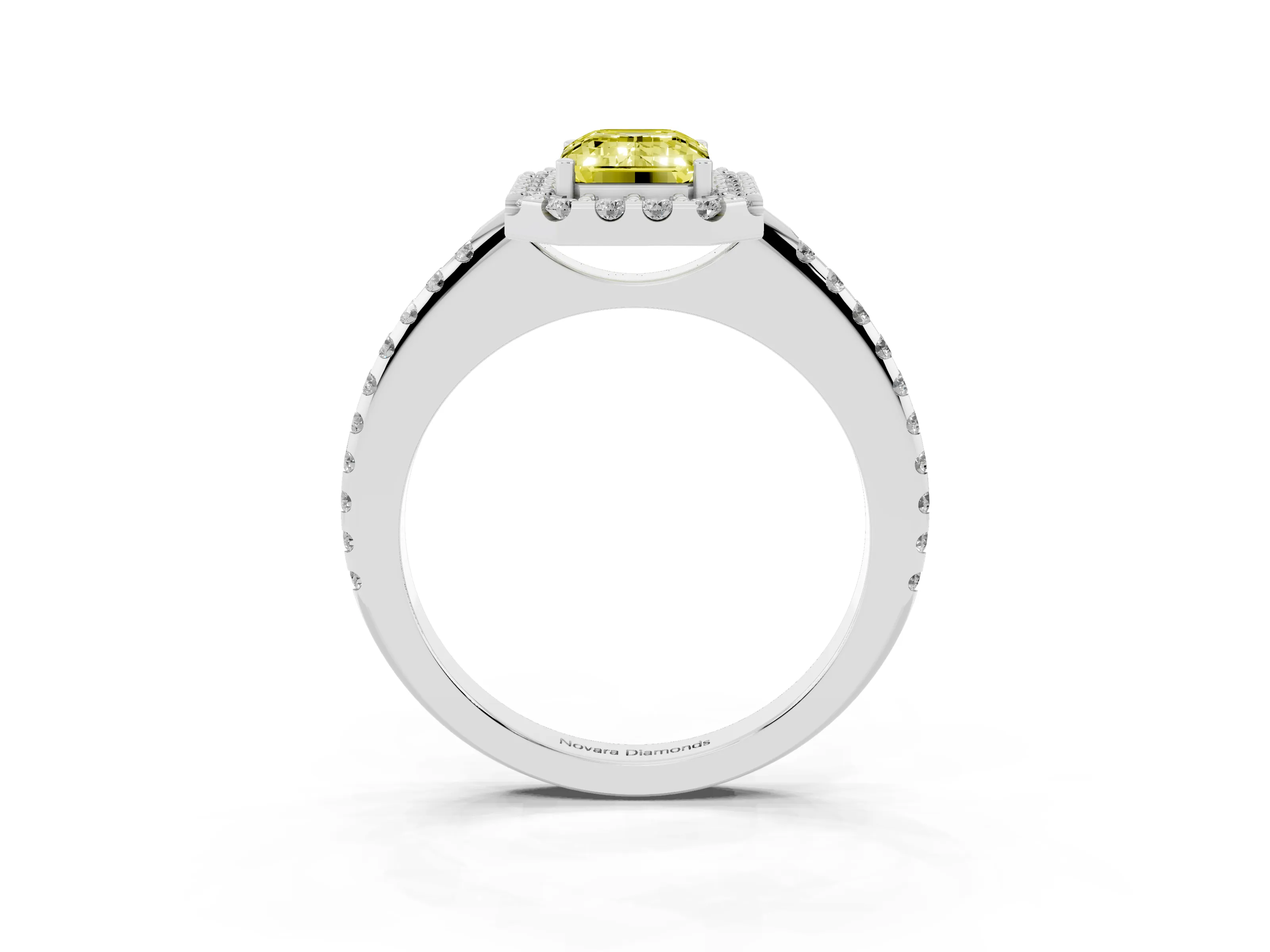 Fancy Yellow Emerald Cut Diamond Pavé Halo Ring Set in Silver with Prong Setting