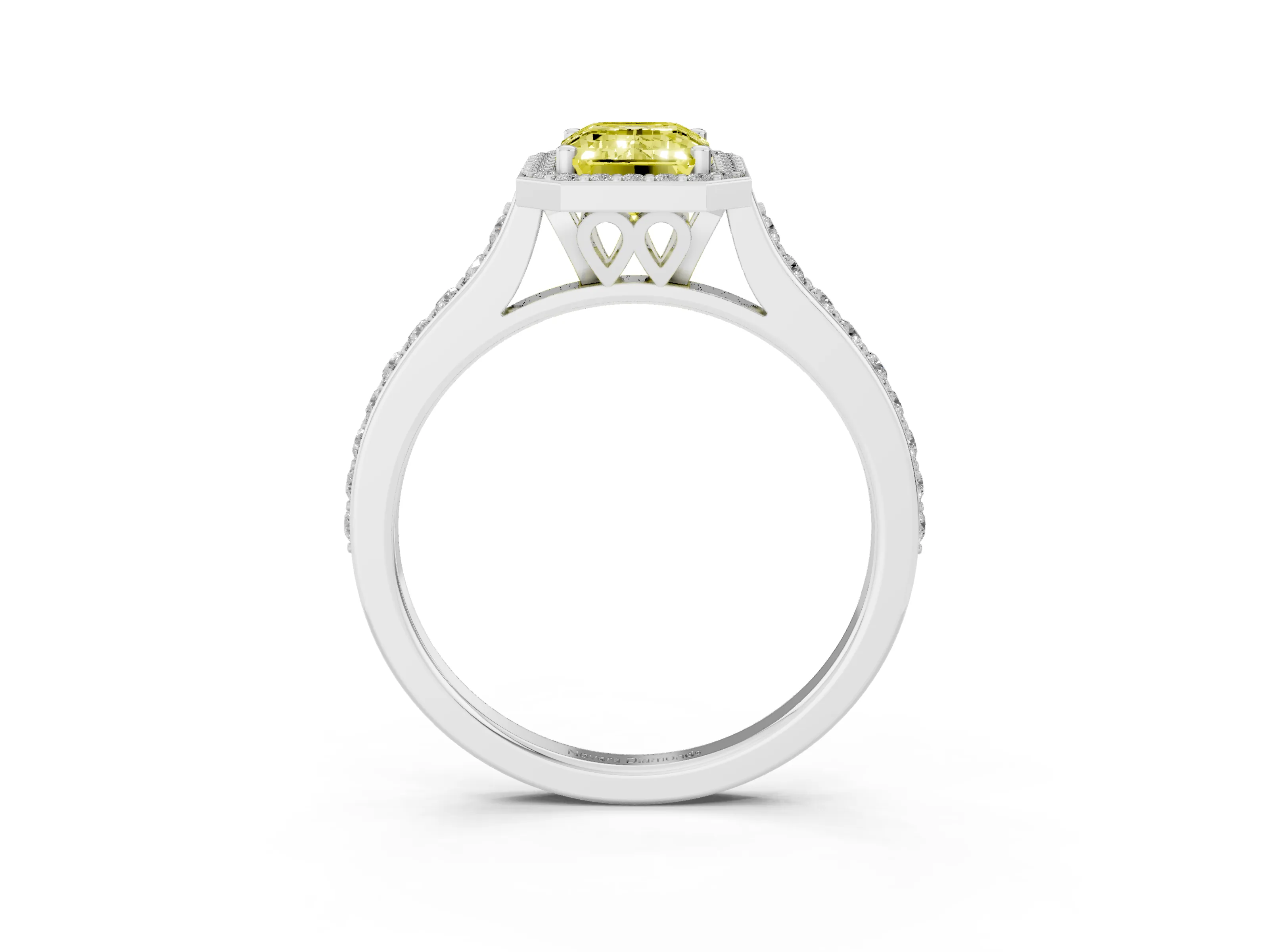 Fancy Yellow Emerald Cut Diamond Halo Engagement Ring Set in Silver with Round Pavé Shoulders and Heart Gallery