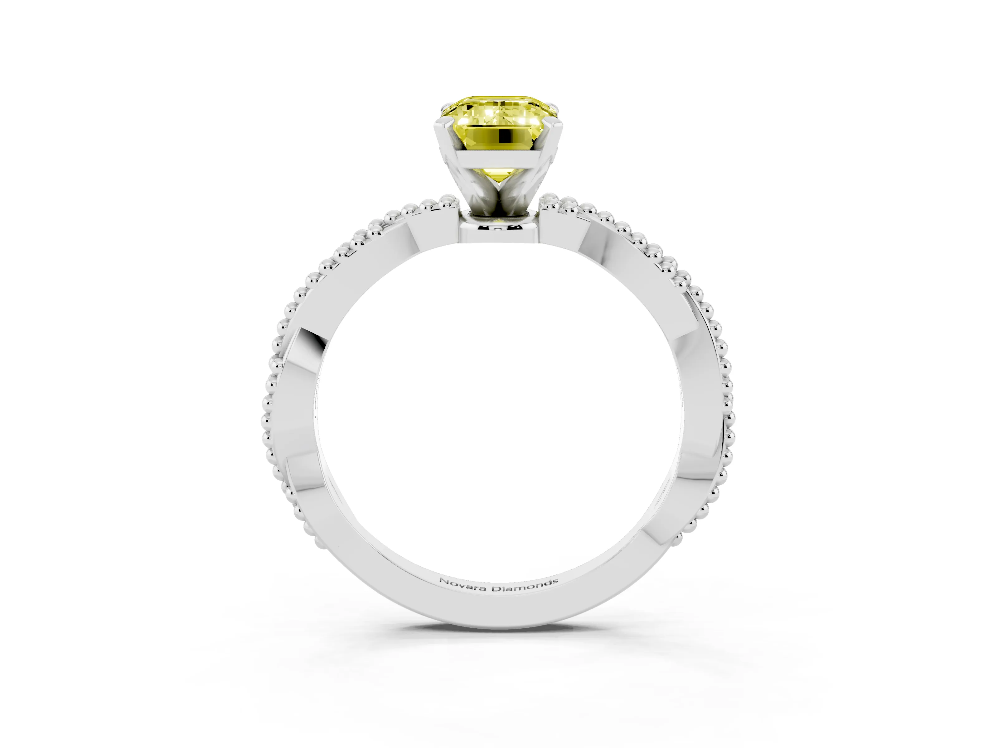 Fancy Yellow Emerald Cut Diamond Solitaire Ring Set in White gold with Twisted Band and Bead Prong Setting