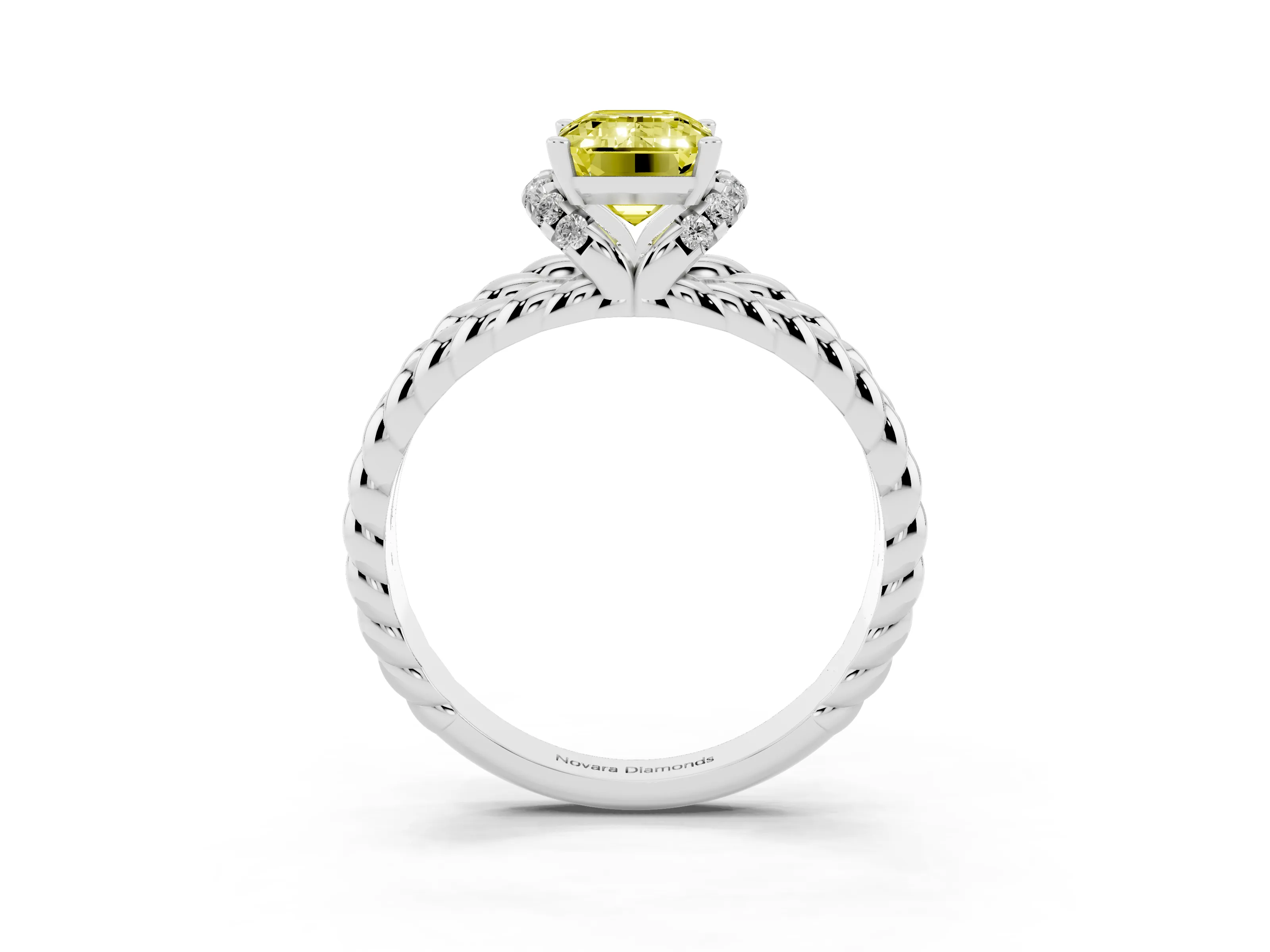 Fancy Yellow Emerald Cut Diamond Halo Ring Set in White gold with Twisted Band and Prong Setting
