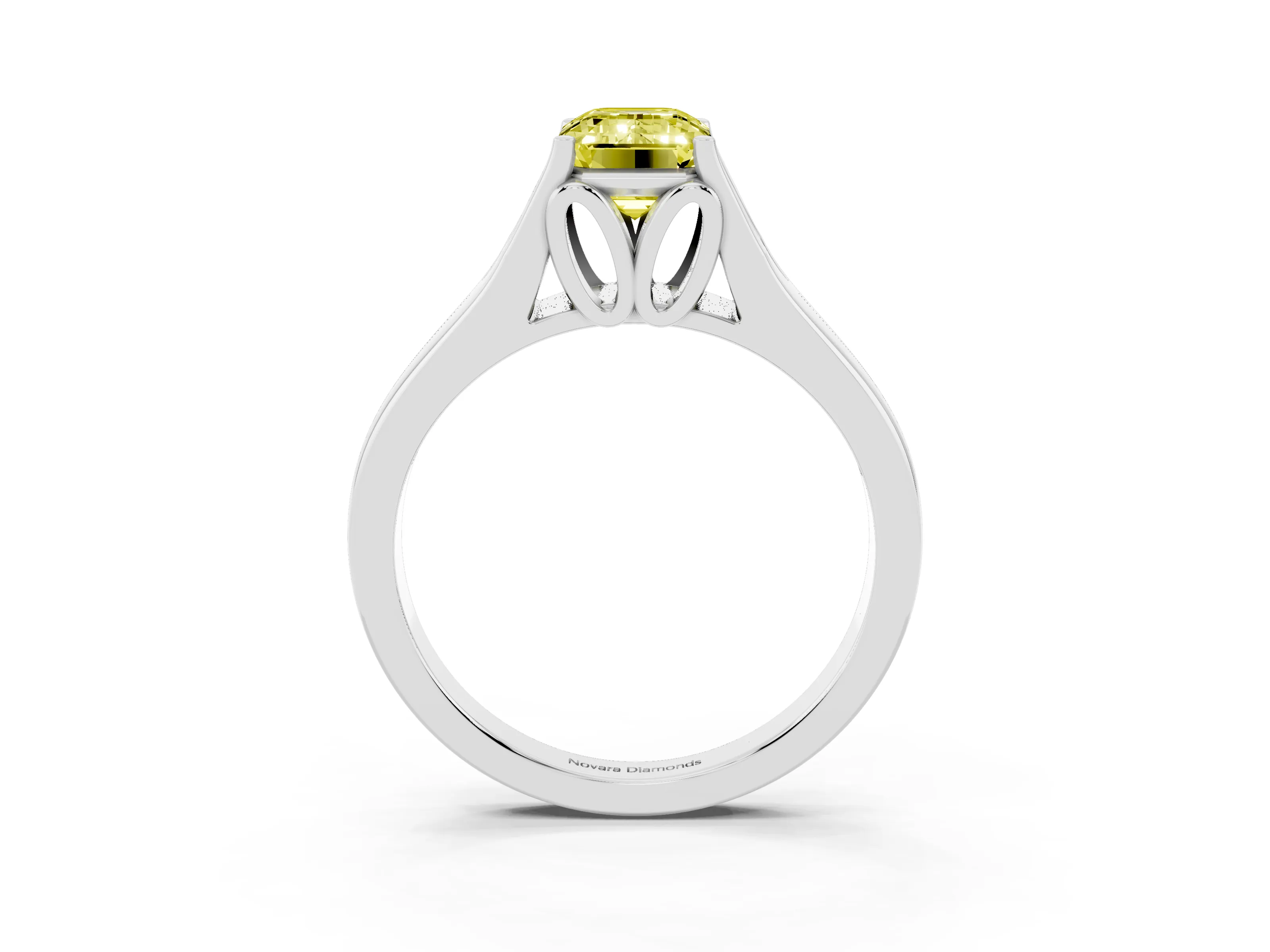 Fancy Yellow Emerald Cut Diamond Solitaire Ring Set in White gold with Arched Cathedral Band and Prong Setting