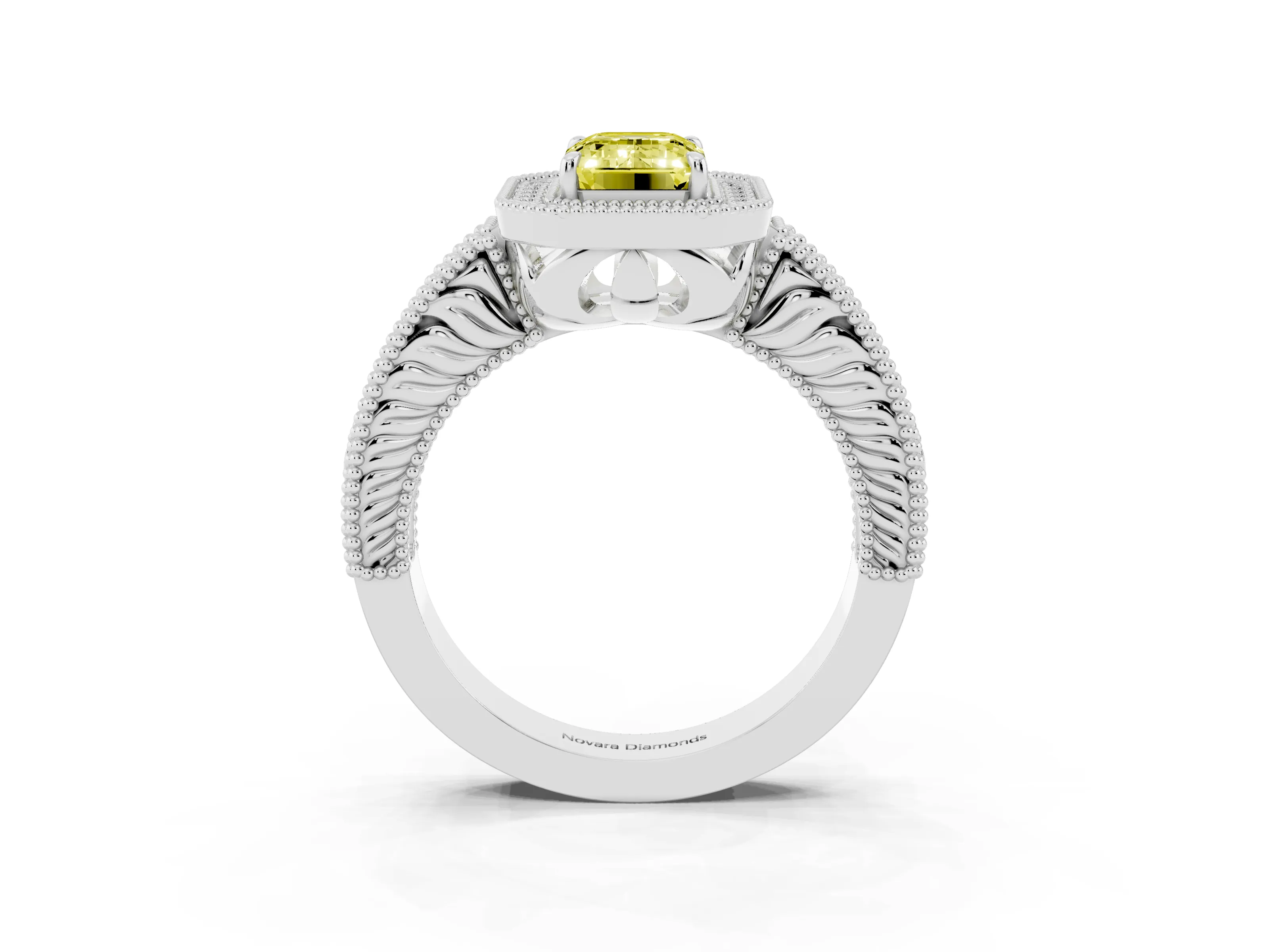 Fancy Yellow Emerald Cut Diamond Halo Ring Set in Silver with Round Accent Halo, Pavé Band and Prong Setting