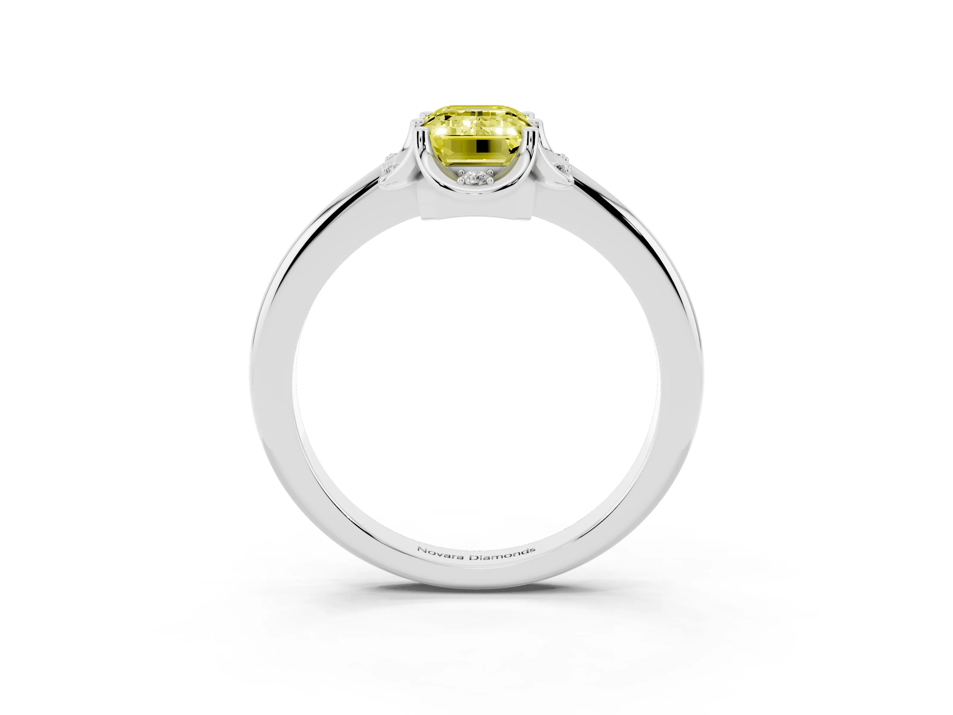 Fancy Yellow Emerald Cut Diamond Round Cluster Halo Ring Set in White gold with Solitaire Band and Prong Setting