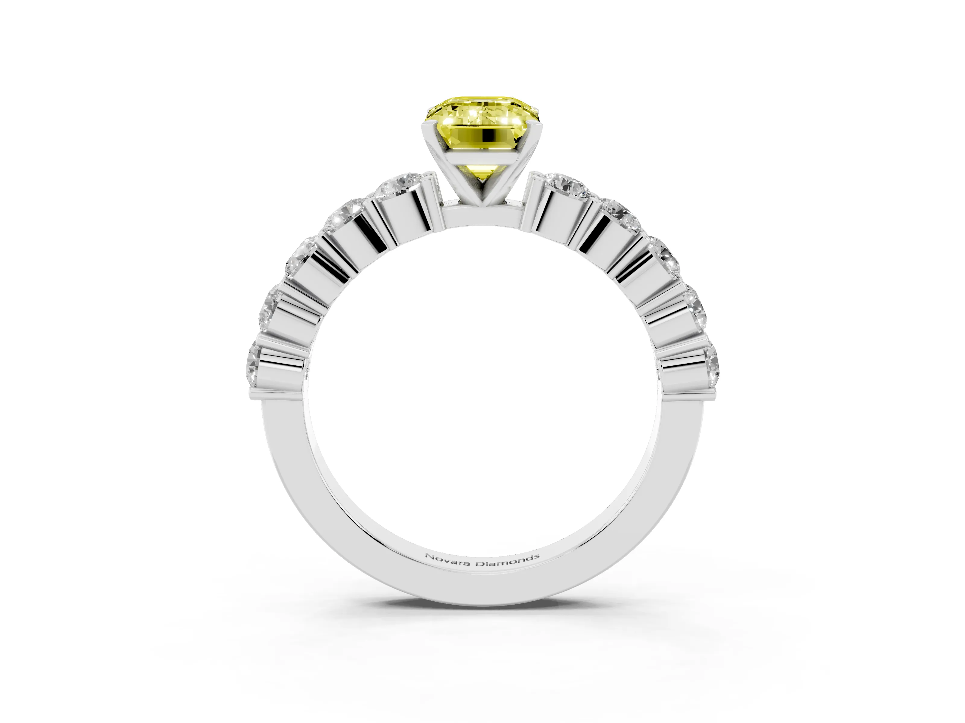 Fancy Yellow Emerald Cut Diamond Solitaire Ring Set in White gold with Shared Prong Round Side Stones