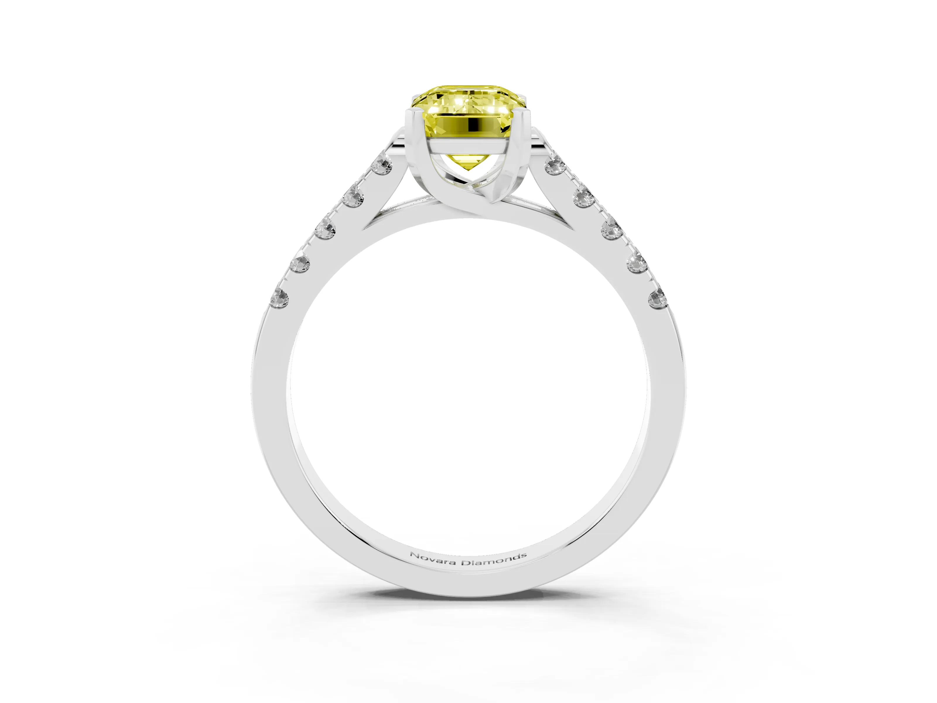 Fancy Yellow Emerald Cut Diamond Pavé Band Solitaire Ring Set in White gold with Partway Accent Stones and Prong Setting
