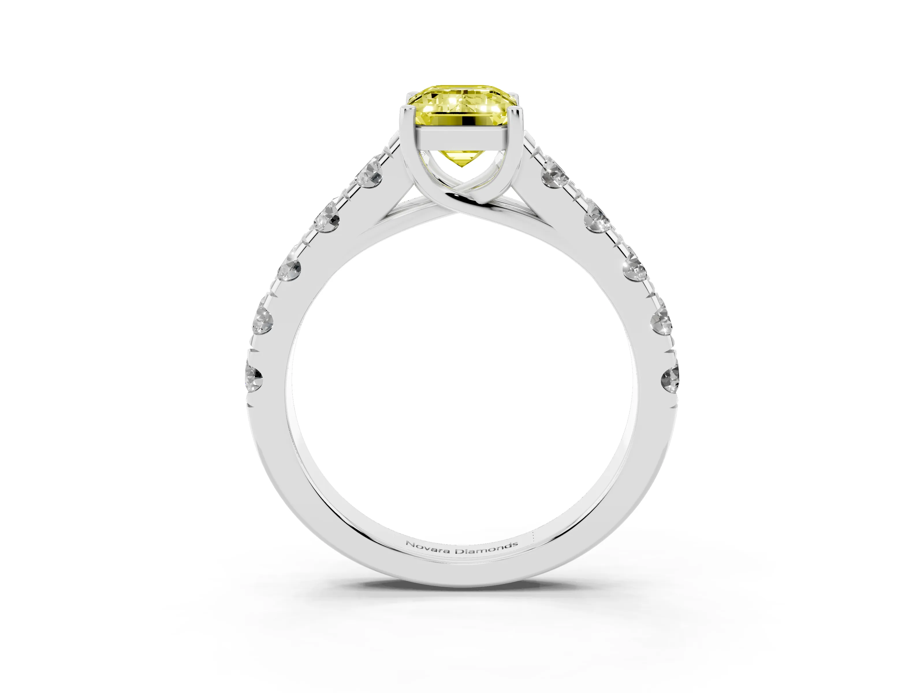 Fancy Yellow Emerald Cut Diamond Solitaire Ring Set in Silver with Cut-Down Micro Pavé Band and Prong Setting