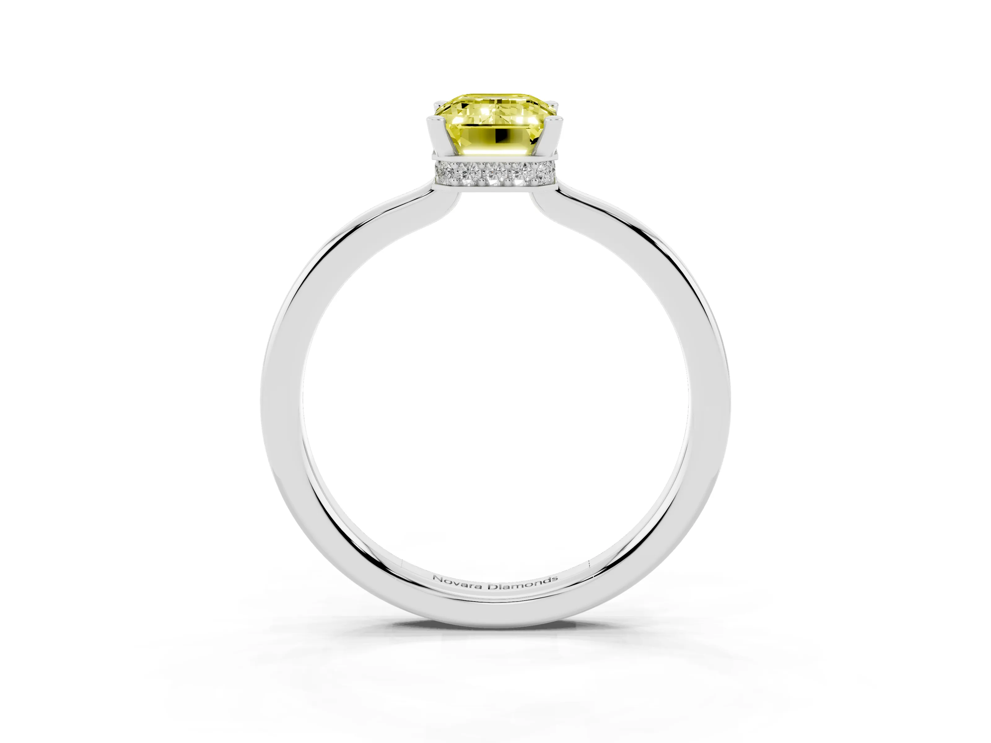 Fancy Yellow Emerald Cut Diamond Solitaire Engagement Ring Set in Platinum with Prong Setting on a Plain Band