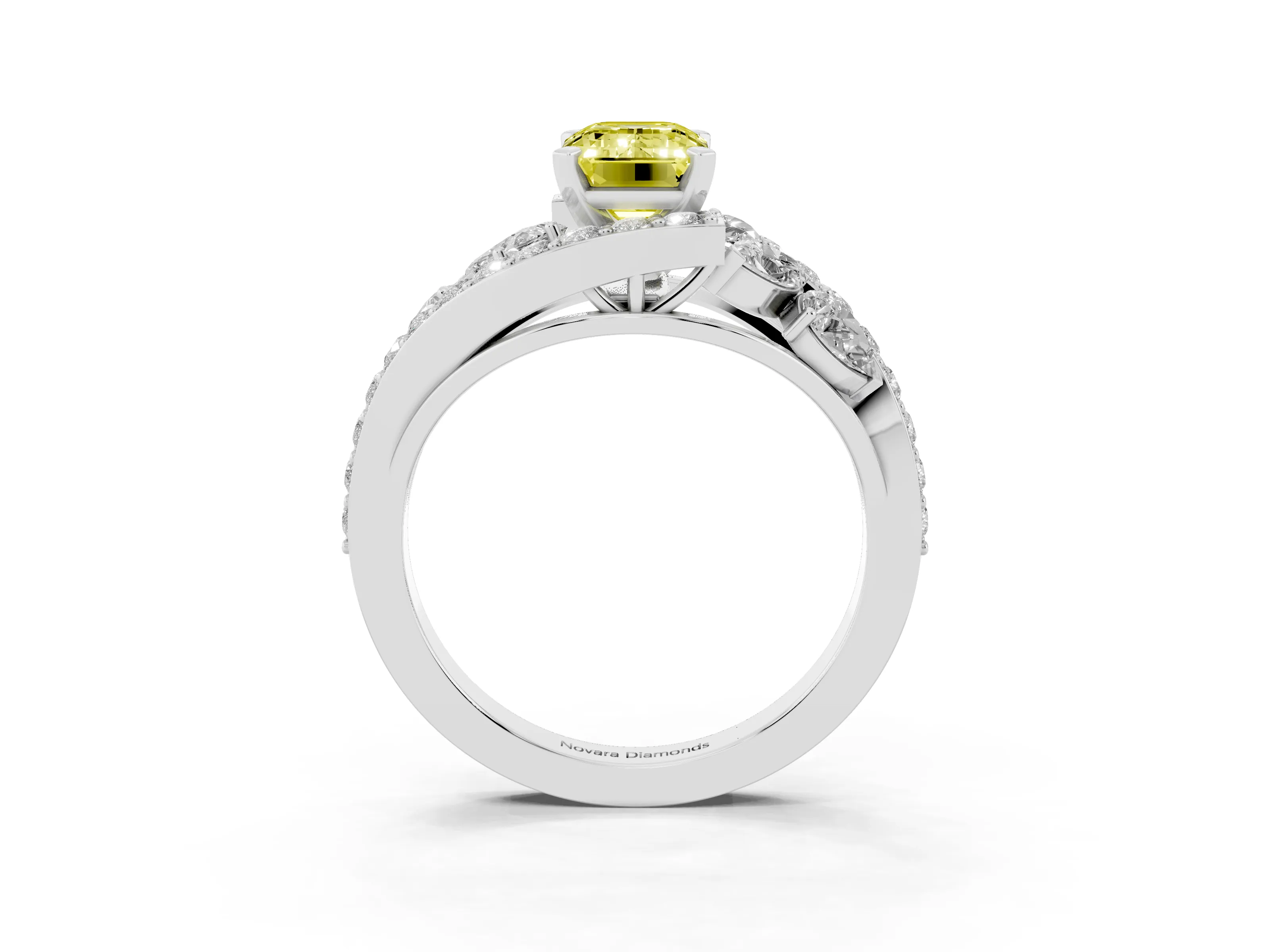 Fancy Yellow Emerald Cut Diamond Halo Ring Set in White gold with Marquise and Pavé Band in Prong Setting