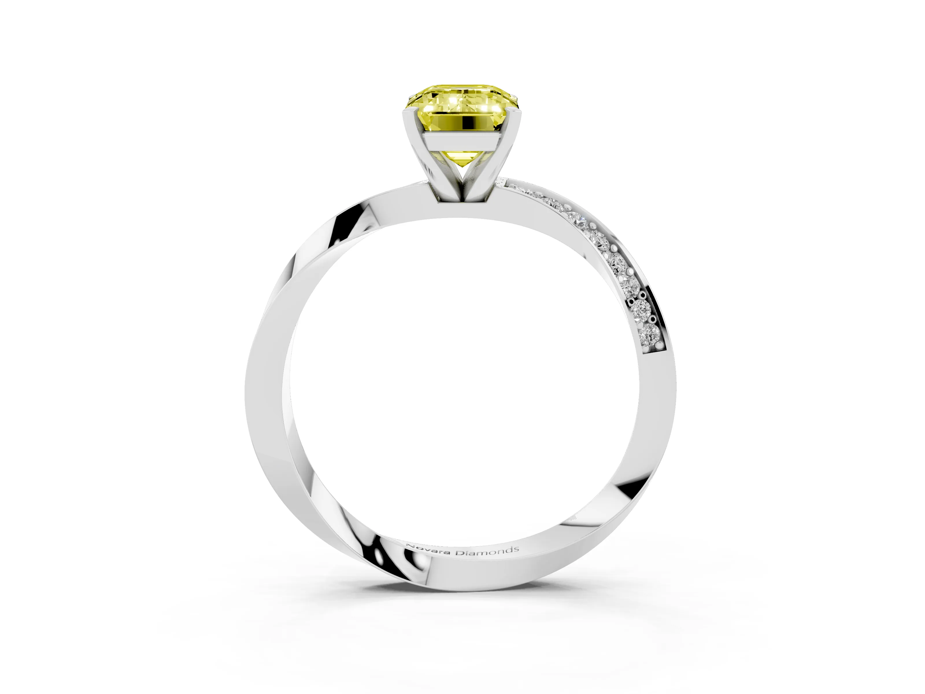Fancy Yellow Emerald Cut Diamond Engagement Ring Set in Platinum with Side Stone Accents and Prong Setting