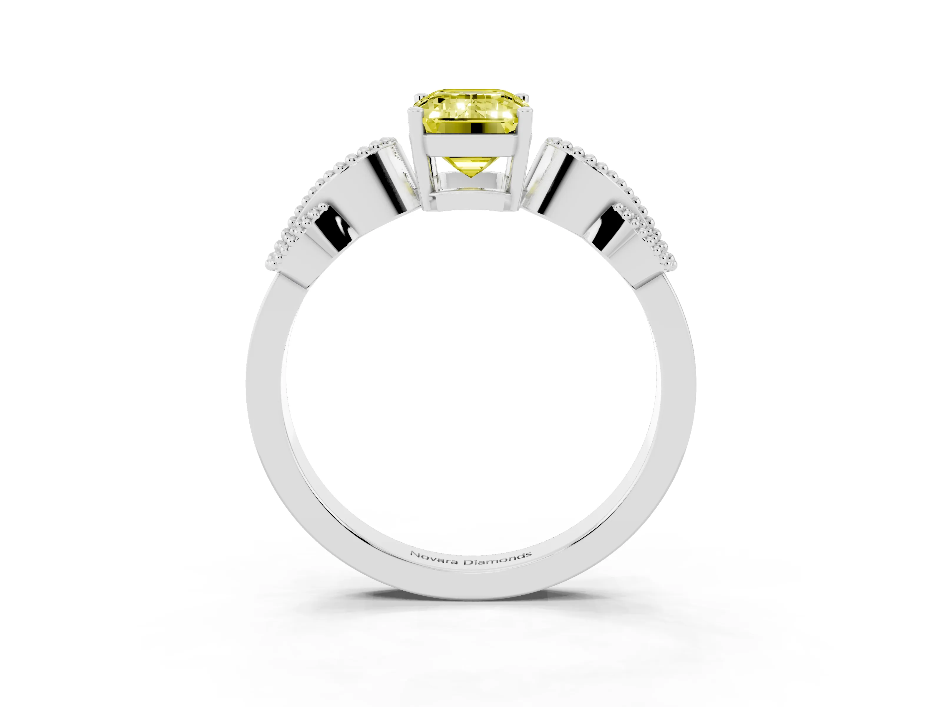 Fancy Yellow Emerald Cut Diamond Milgrain Leaf Band Solitaire Ring Set in White gold with Accent Stones and Prong Setting