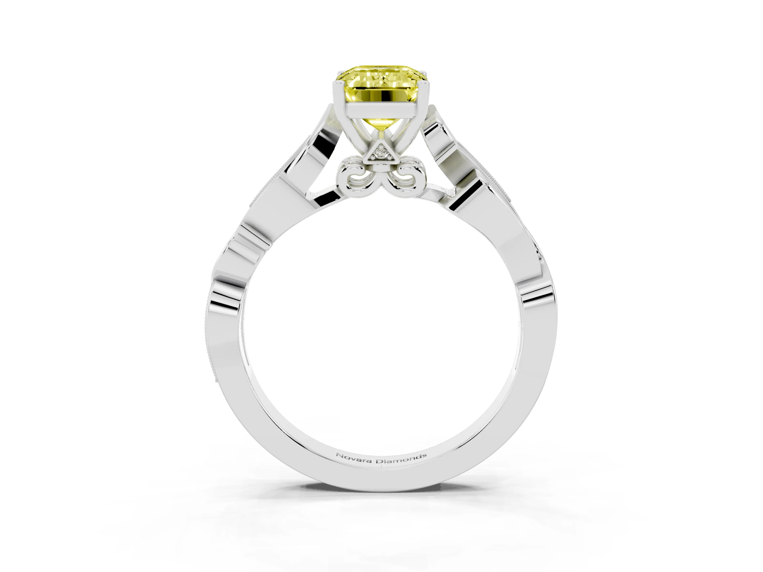 Fancy Yellow Emerald Cut Diamond Vine Band Solitaire Ring Set in White gold with Milgrain Prong Setting