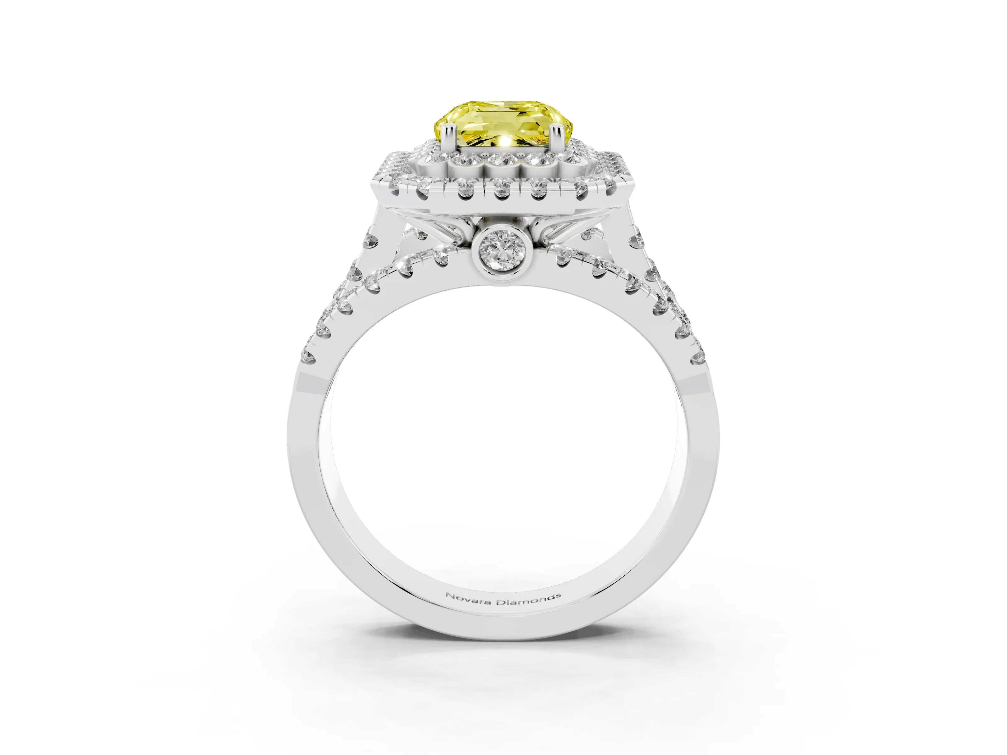 Fancy Yellow Emerald Cut Diamond Double Halo Ring Set in Silver with Round Pavé Split Shank