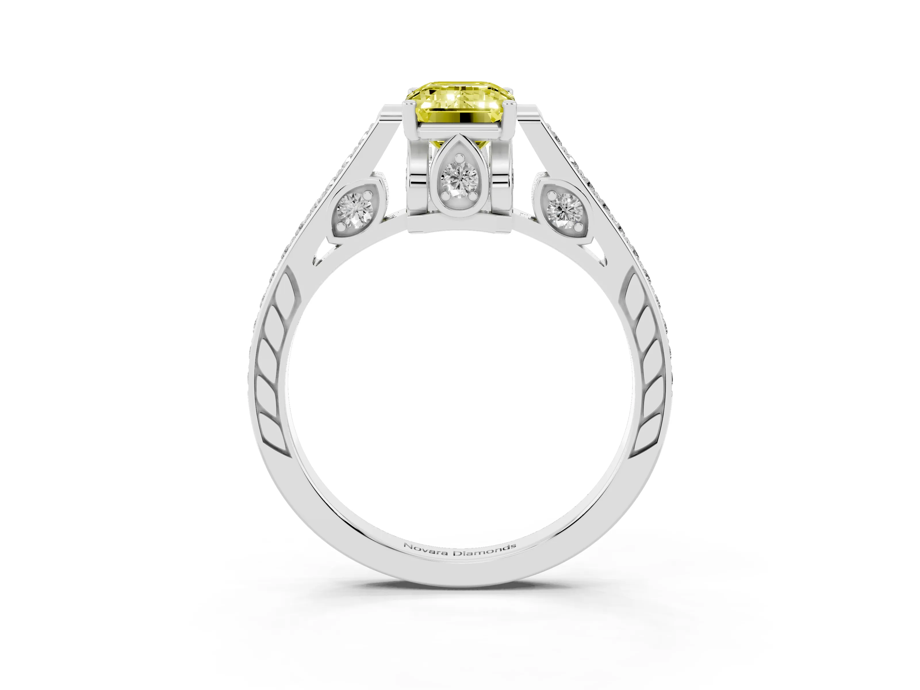 Fancy Yellow Emerald Cut Diamond Cathedral Pavé Engagement Ring Set in Silver with Prong Setting