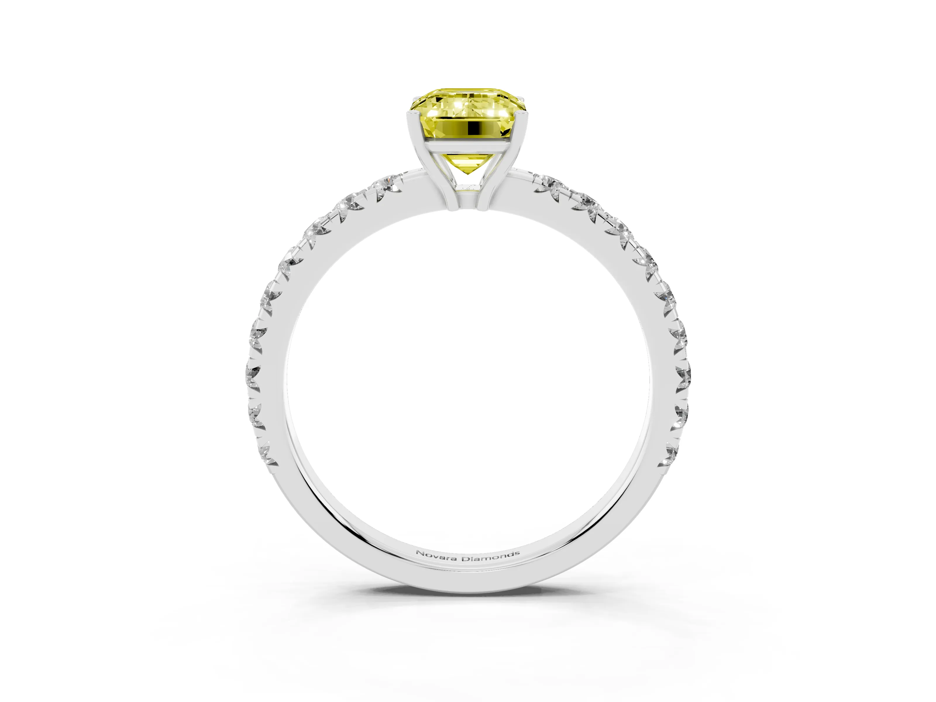 Fancy Yellow Emerald Cut Diamond Pavé Solitaire Engagement Ring Set in Platinum with Prong Setting