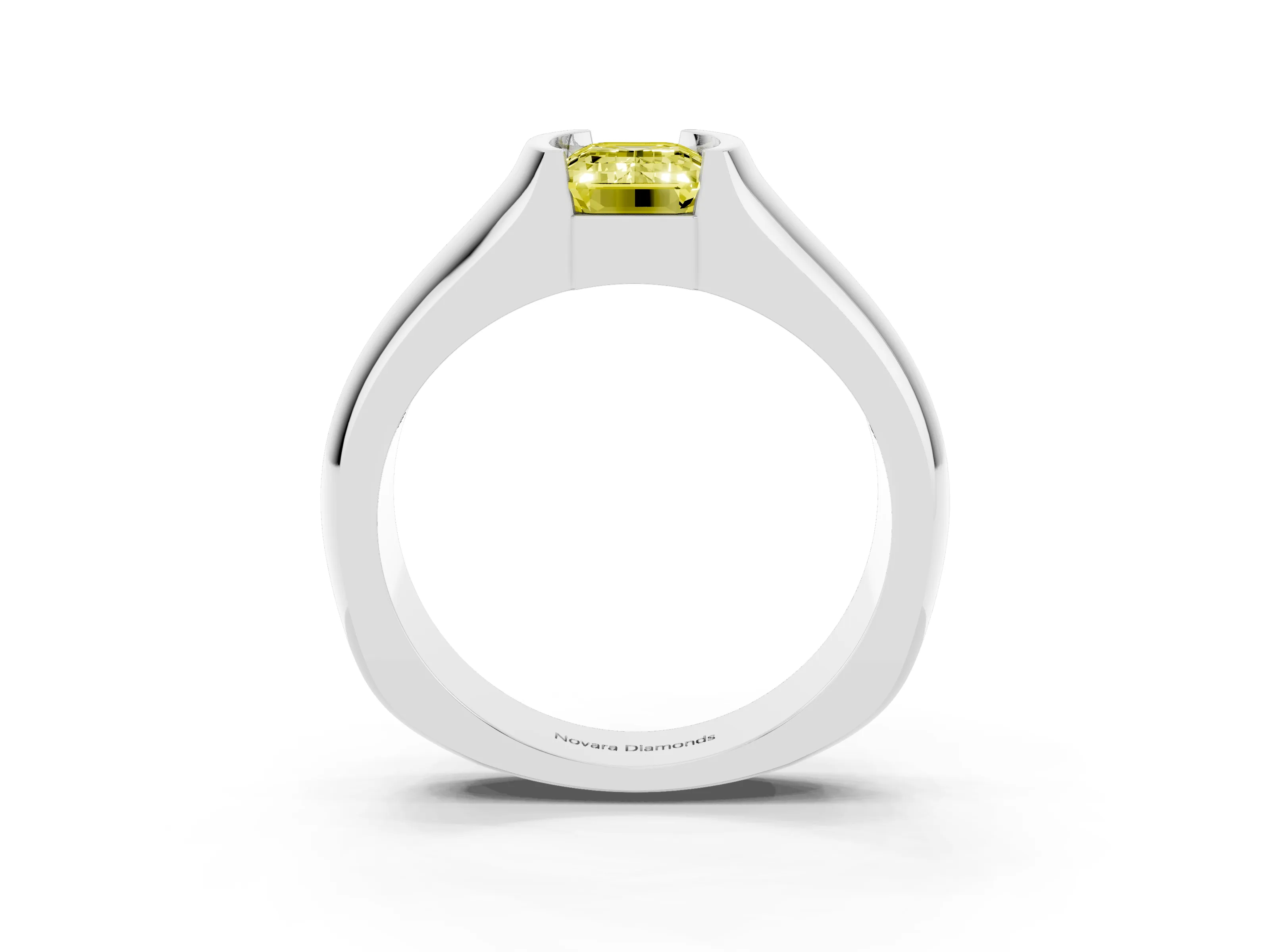 Fancy Yellow Emerald Cut Diamond Bezel Solitaire Ring Set in Silver with Wide Band