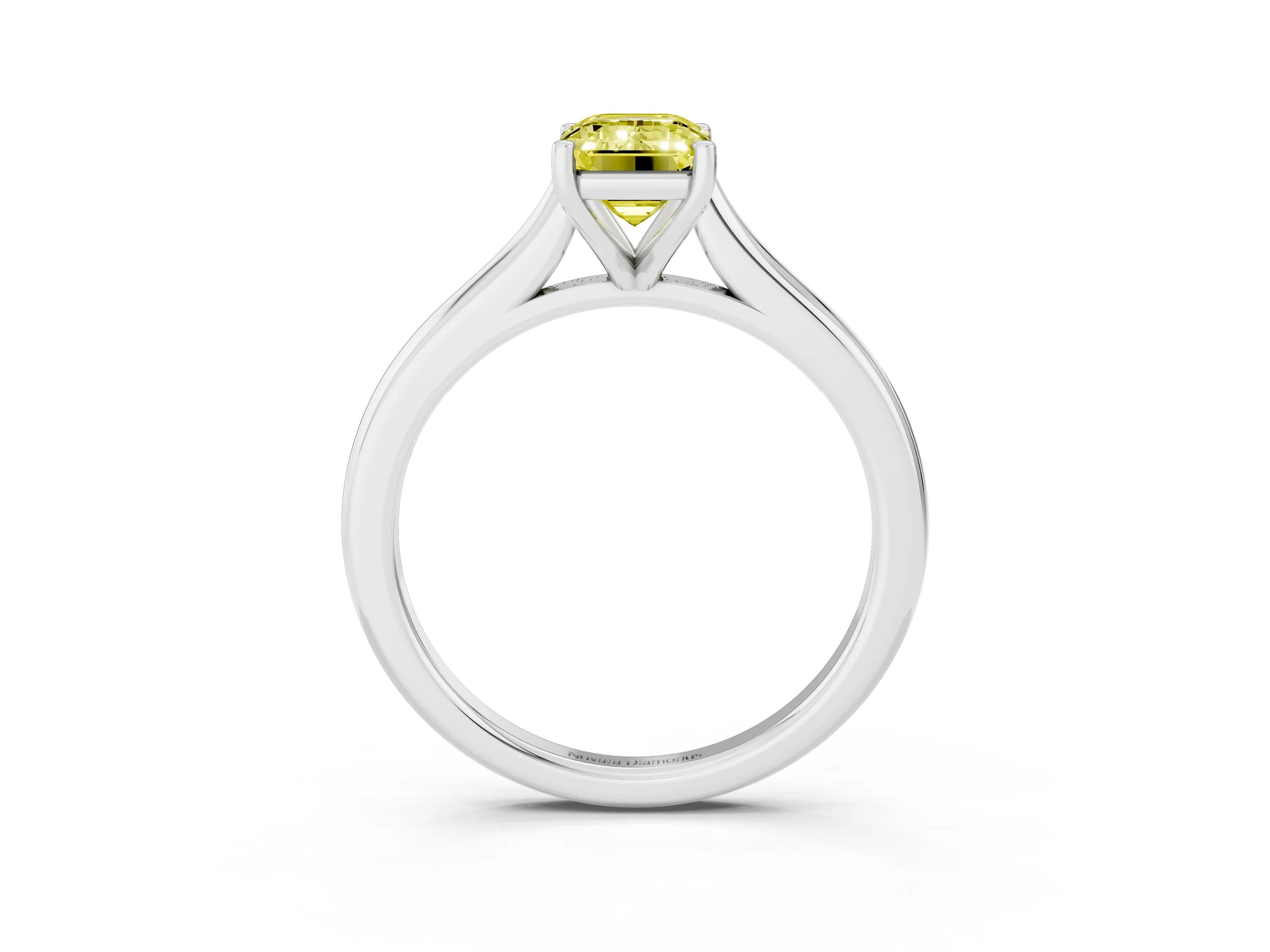 Fancy Yellow Emerald Cut Diamond Solitaire Ring Set in Silver with Cathedral Band and Prong Setting