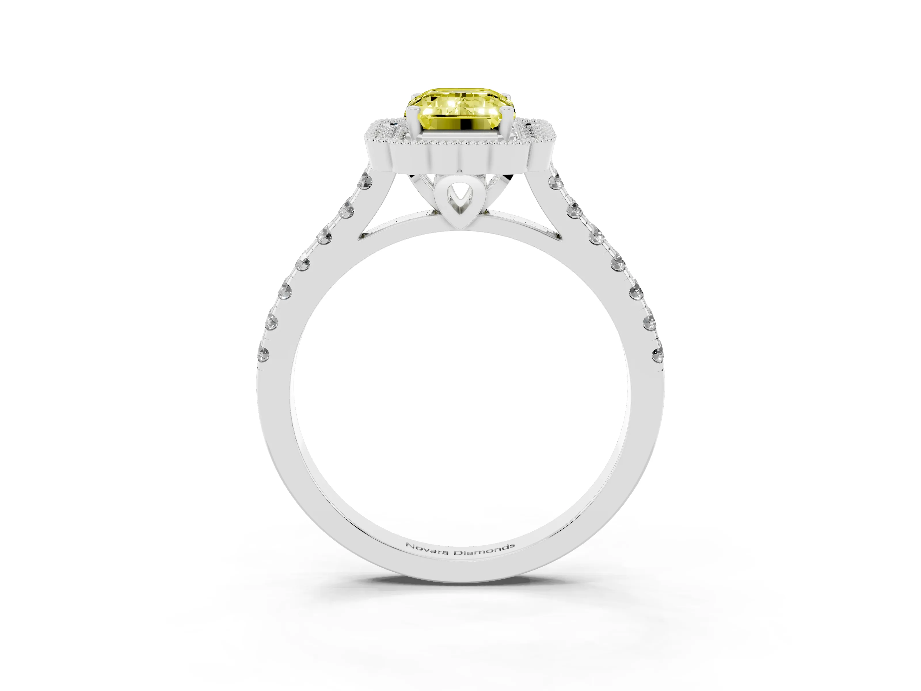 Fancy Yellow Emerald Cut Diamond Milgrain Floral Halo Engagement Ring Set in Silver with Pavé Band